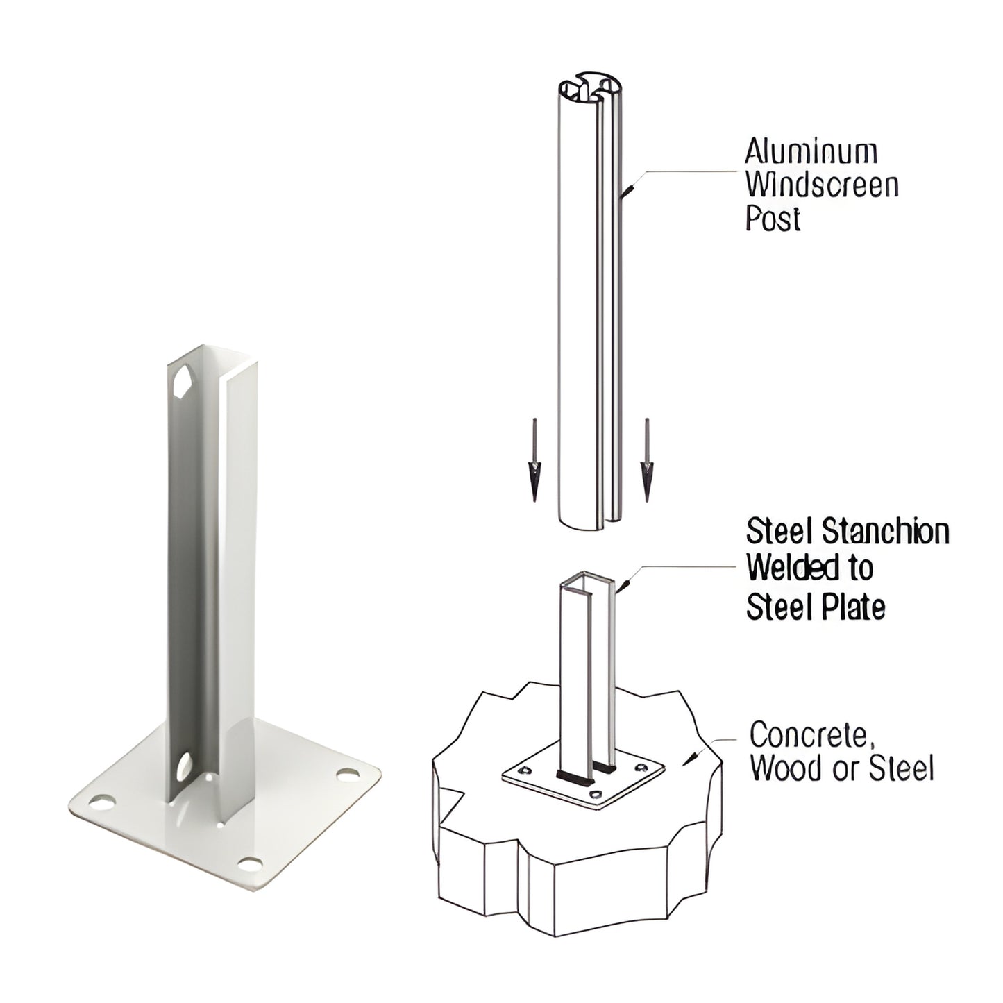 PSB1AW sky-white welded steel stanchion on 5 in base plate with 4 mounting holes, for surface-mount railing posts up to 24 in