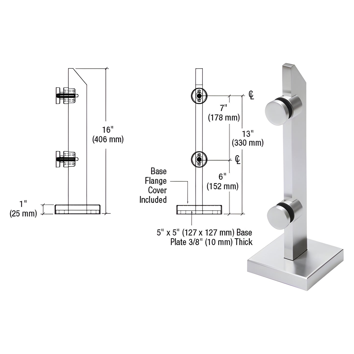 PWC2BS stainless steel point-supported mini post, brushed finish, 16 in tall, 5x5 in base for 12-13.5 mm glass.