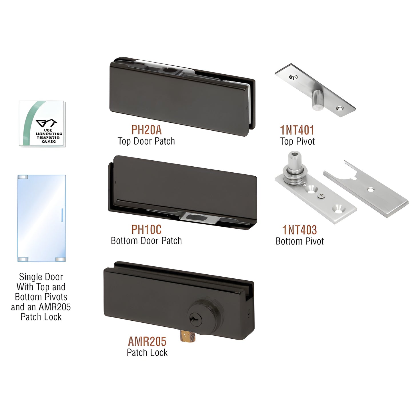 PHA1LMBL matte-black patch door kit with top and bottom patches, top/bottom pivots and AMR205 patch lock