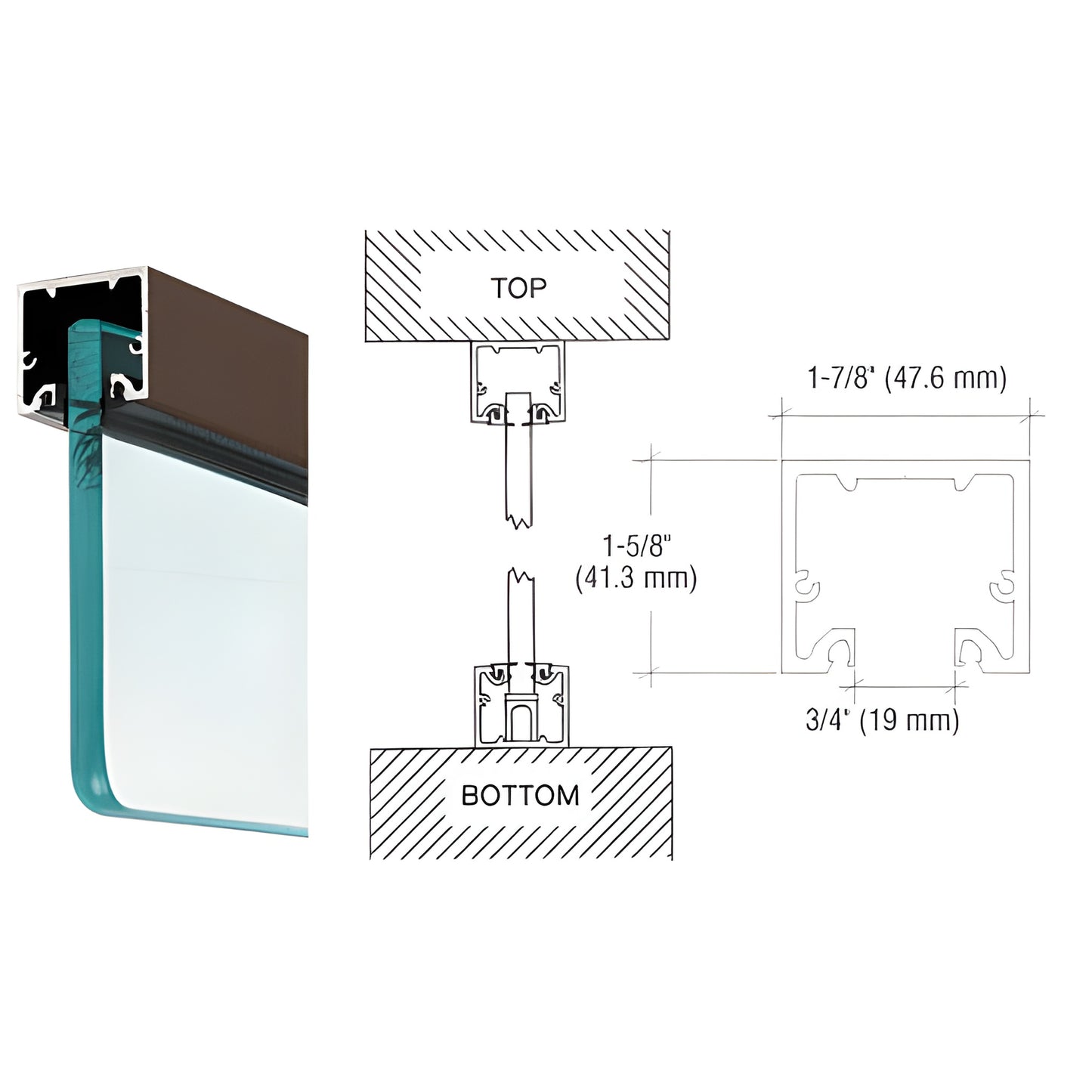 NH20RBCL oil-rubbed bronze narrow header U-channel for 3/8" glass, 1-5/8" H x 1-7/8" W