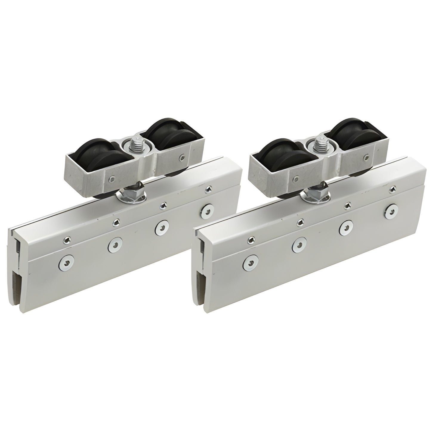 CRL3986 silver tandem roller hanger assemblies for 5/16-1/2 tempered glass sliding doors, adjustable height.