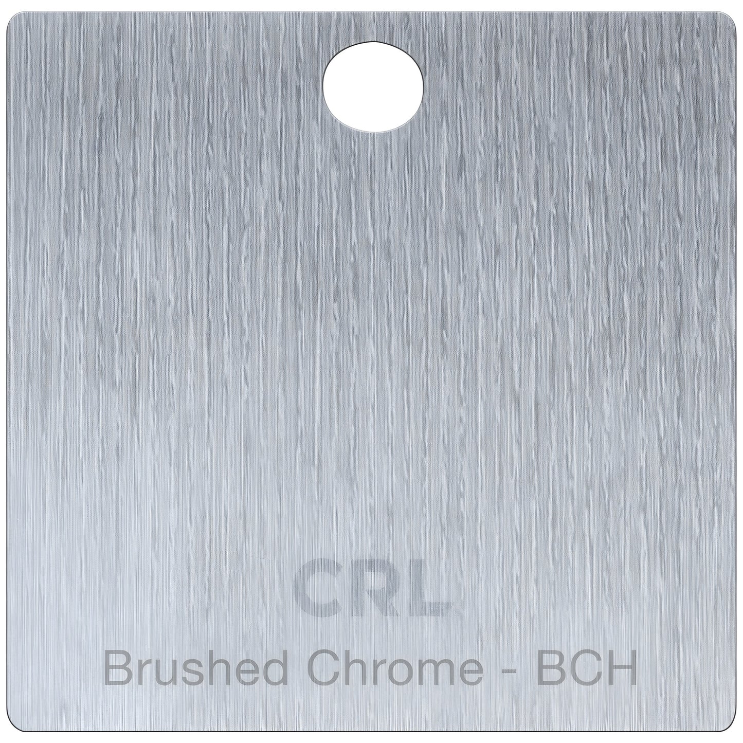 Brushed chrome hinge finish sample chip (CH2PBCH), square with rounded corners and top hanging hole, vertical grain.