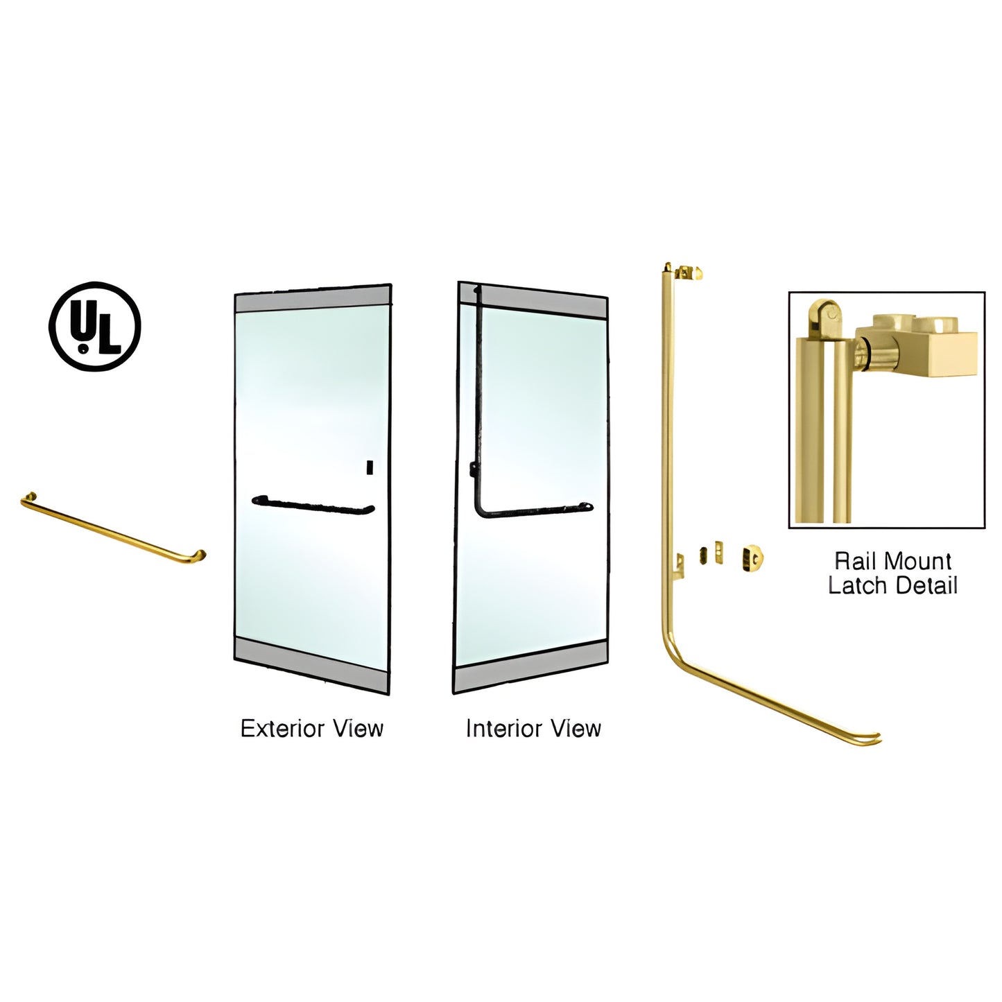 Satin brass PA100 rail-mount panic handle for 1/2"-3/4" tempered glass doors, 1-1/4" tube, exterior keyed access.