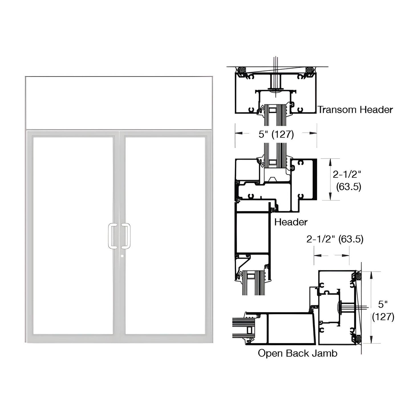 Double transom impact door frame (clear anodized) with pair of doors and technical cross-section drawings - SKU 0F92511