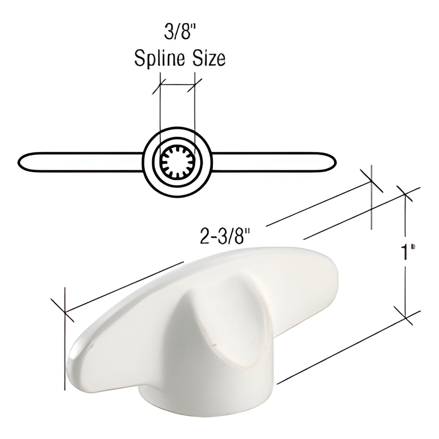 White CRL T-crank handle (SKU H4097) for Andersen casement, steel, 3/8" spline, 2-3/8" long, 1" high.