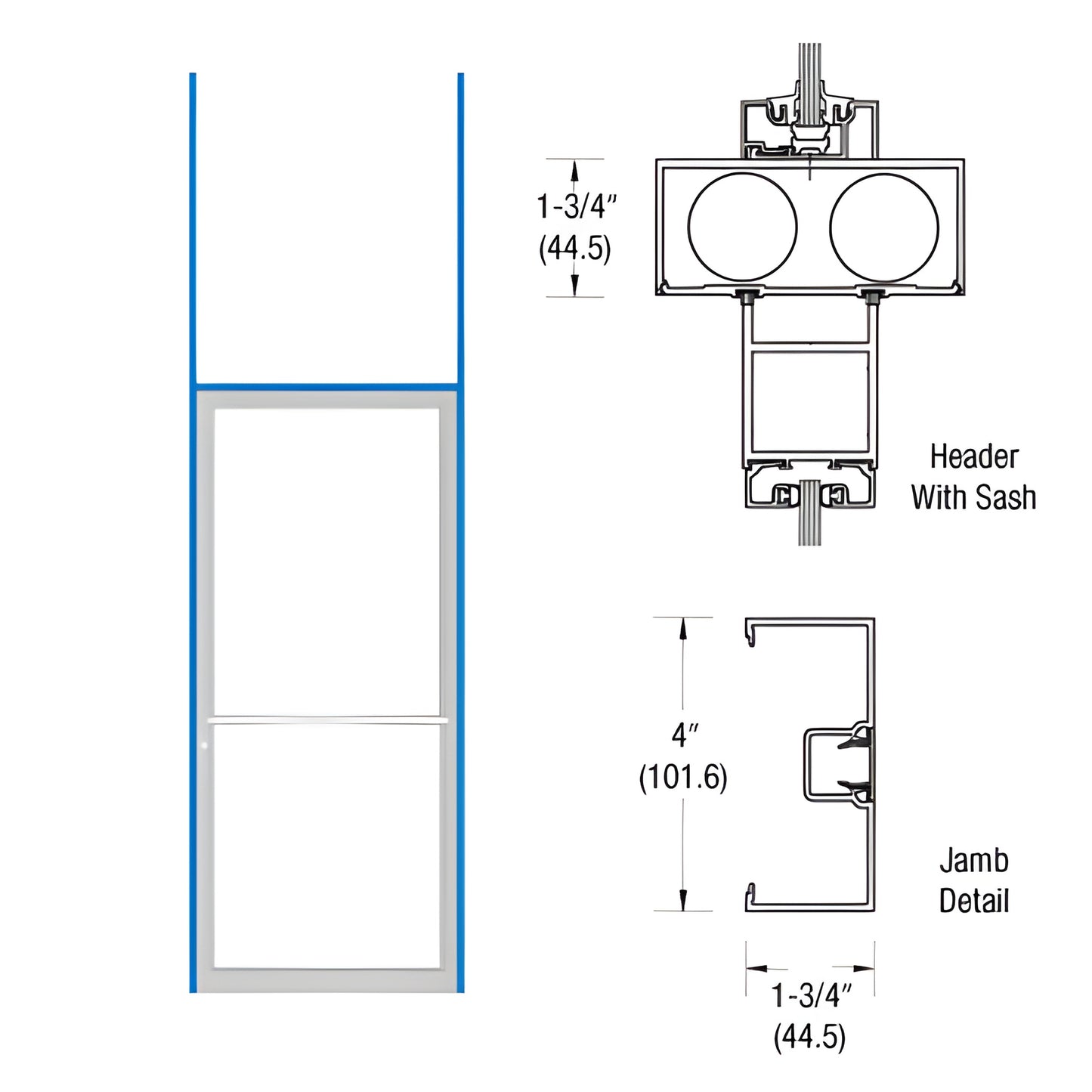 CRL H-frame door frame, black bronze anodized, open-back jamb for 36 84 door, header and jamb detail diagram.