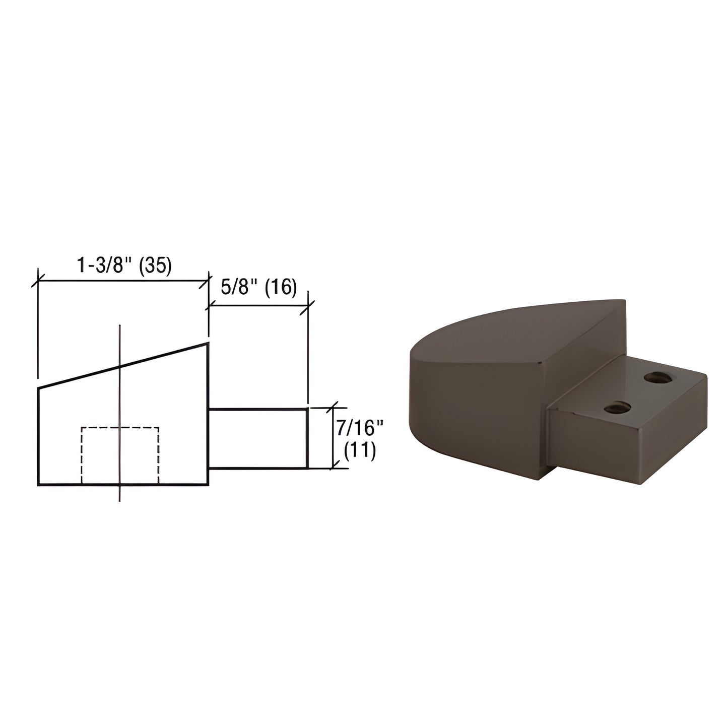 Offset pivot frame portion (SKU D06222), black bronze anodized block with two mounting holes and accompanying dimension drawi