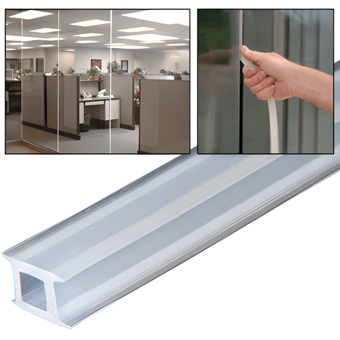 CRL EZ GLAZE EZ14XC clear silicone soundstrip gasket, profile and installed in glass-to-glass office partition (1/4" gap)