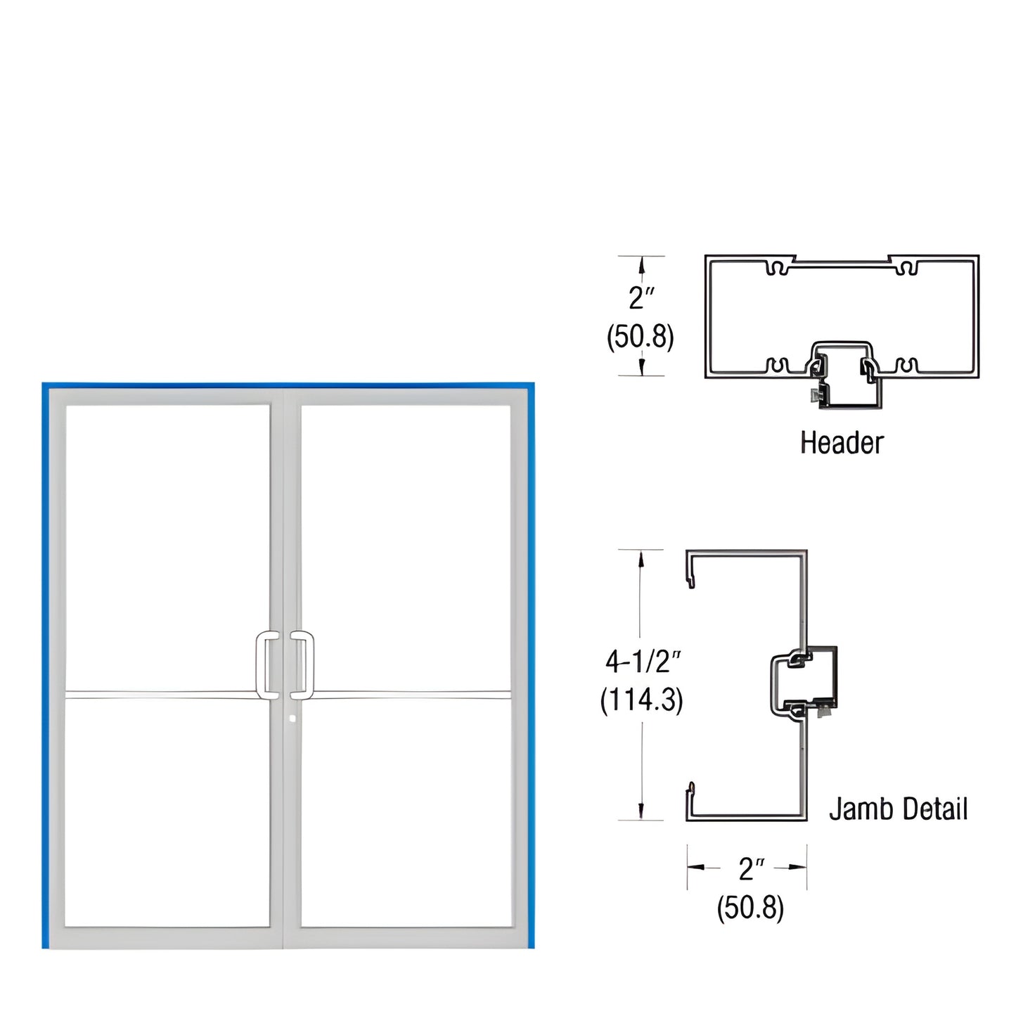 Double aluminum up-and-over door frame (SKU 0B72571) with Kynar finish and aluminum threshold; header/jamb diagrams.