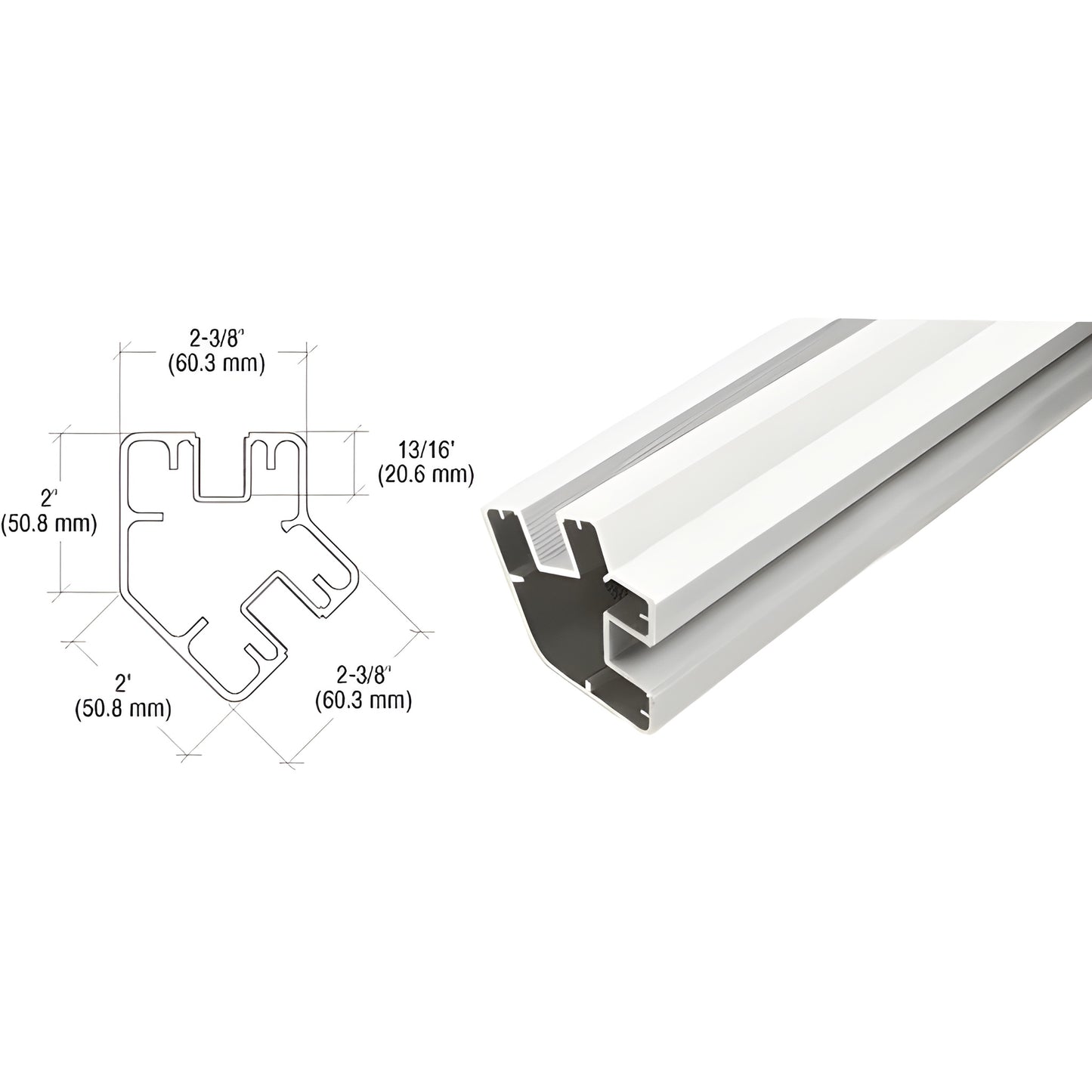 SP548W Sky White aluminum windscreen post, 48 in length, 2-3/8 in profile, with CAD cross-section.