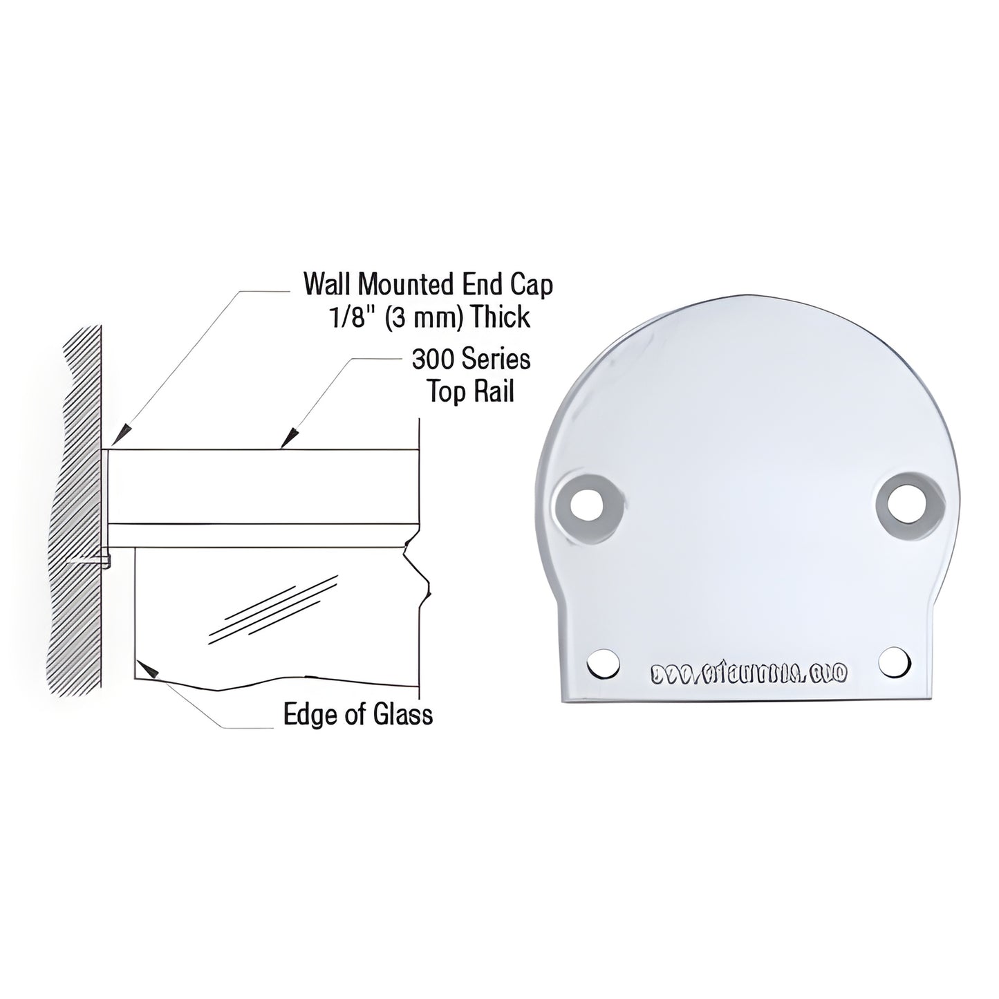 Clear anodized aluminum 300 Series wall-mounted top rail end cap, countersunk holes. SKU 3WECCA