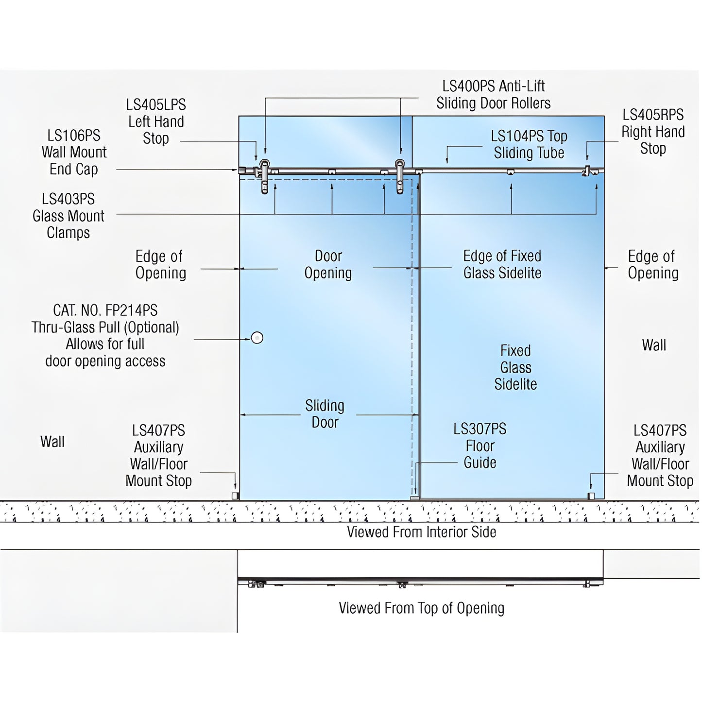 CRL glass-mount single sliding door kit SKU LSGM5PS, top track with anti-lift rollers, glass door and sidelite diagram