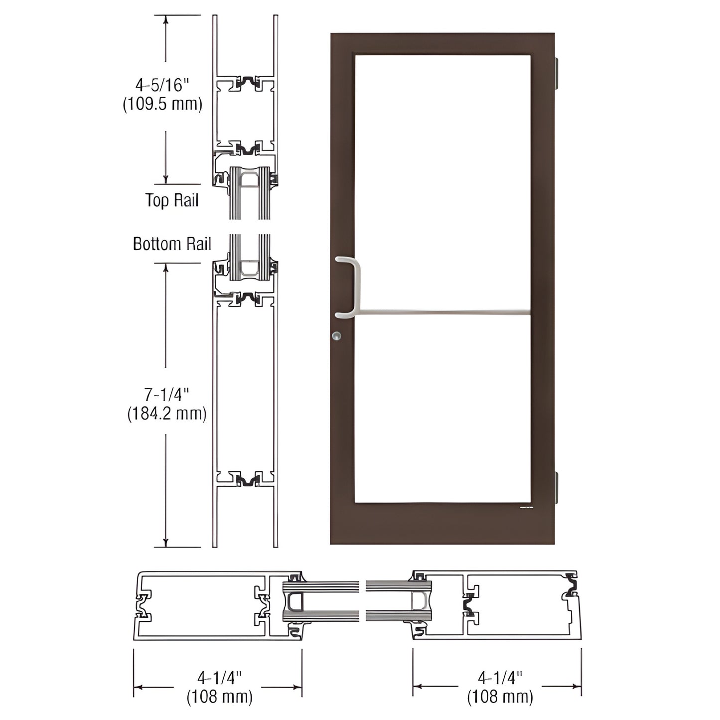 CRL medium-stile commercial entrance door in black bronze anodized, 4-1/4" stiles, 7-1/4" bottom rail. SKU 1D41522
