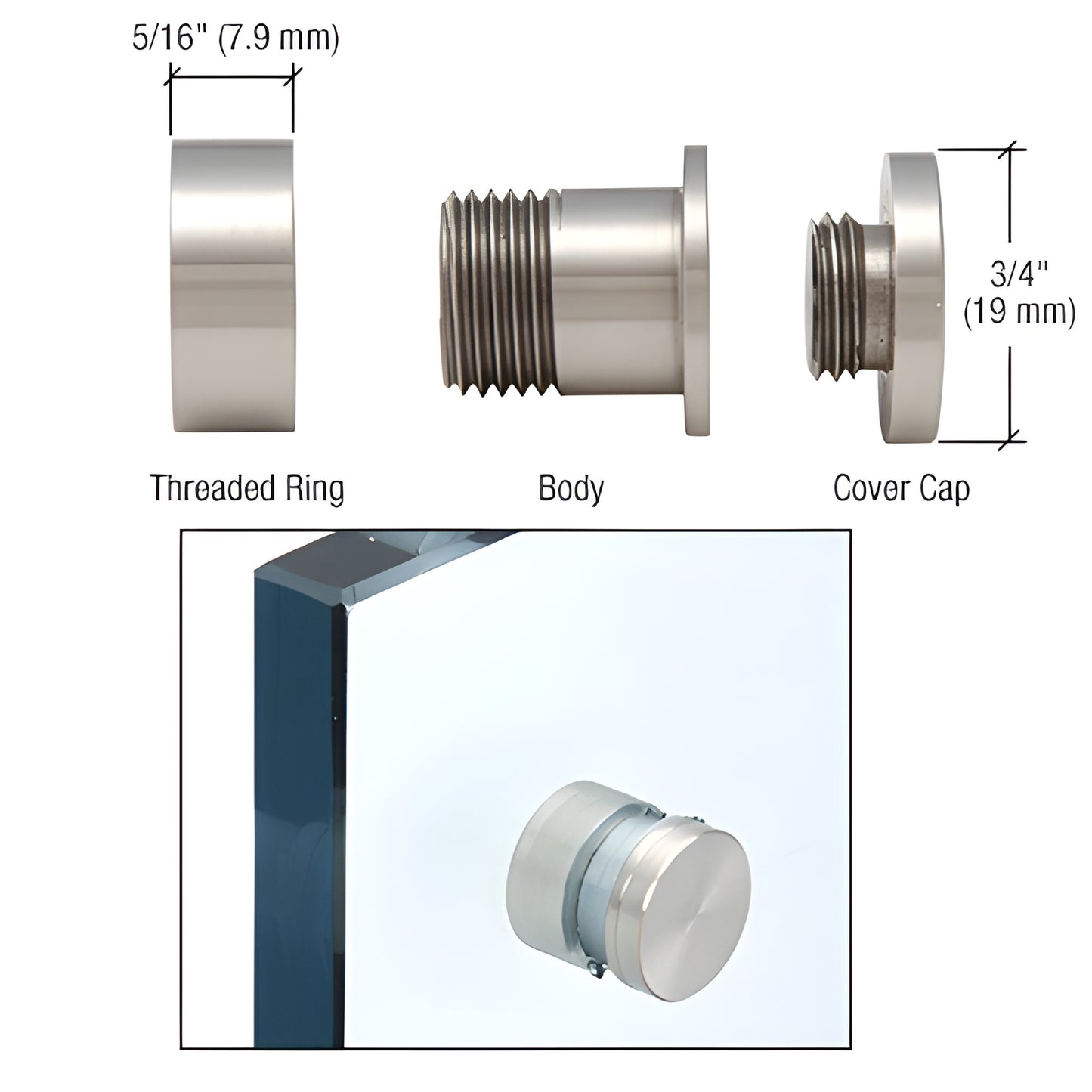 Brushed 316 stainless steel panel-mount standoff (SKU S0PMBS) for 8-10mm glass/sign panels, 3/4" diameter.