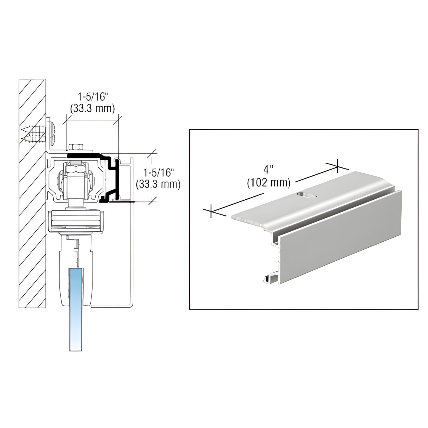 CRL3941 satin anodized aluminum 4 in (102 mm) track cover spacer for CRL50 series, pre-drilled - product image and diagram