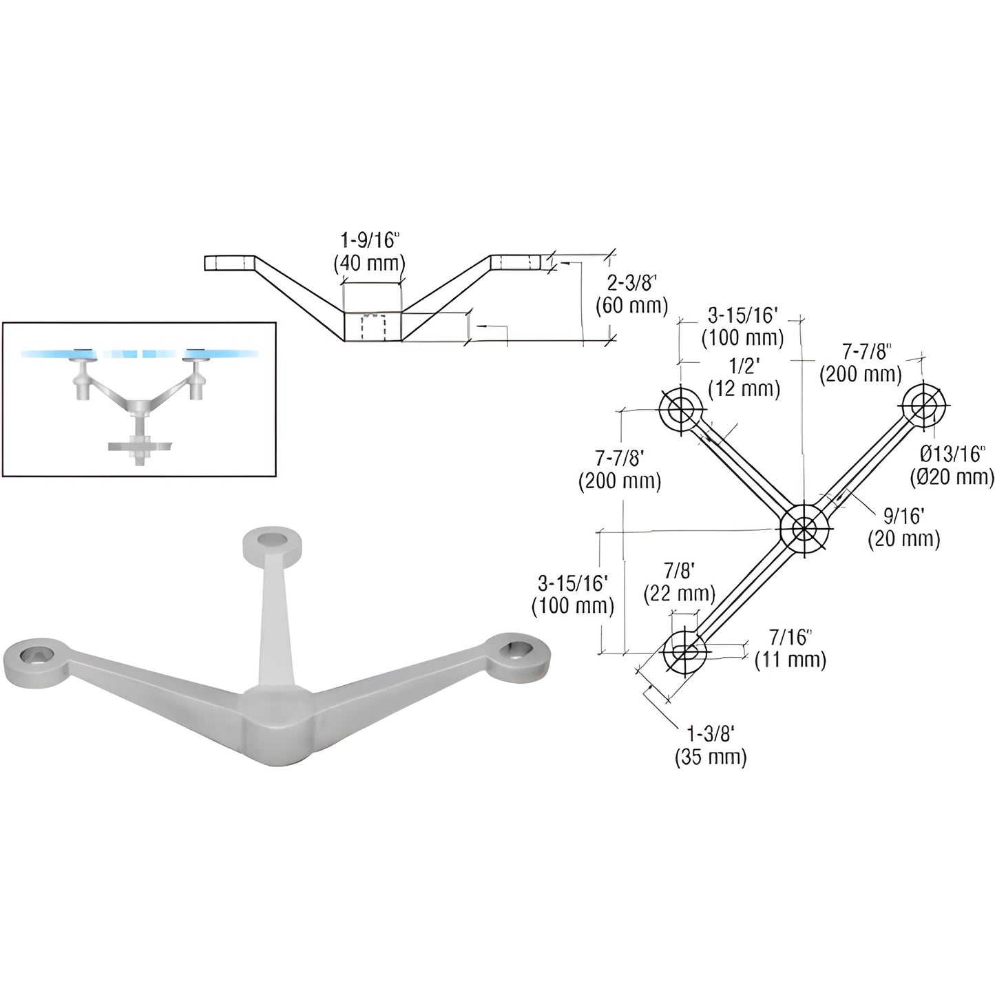 CRL PMR3BS three-arm stainless steel glass post fitting for three 1/2" (12mm) tempered panels, hardware shown.