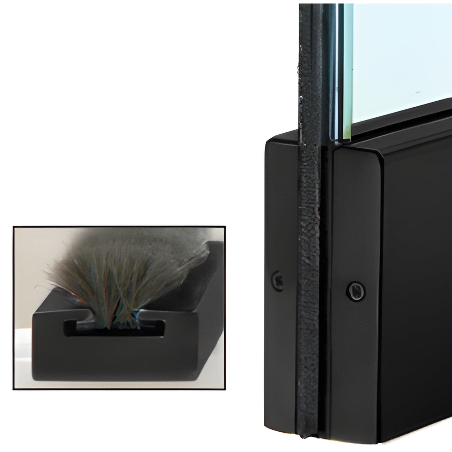 Close-up matte black metal channel with wool pile weatherstrip on 1/2" glass door, SKU MSW12MBL.