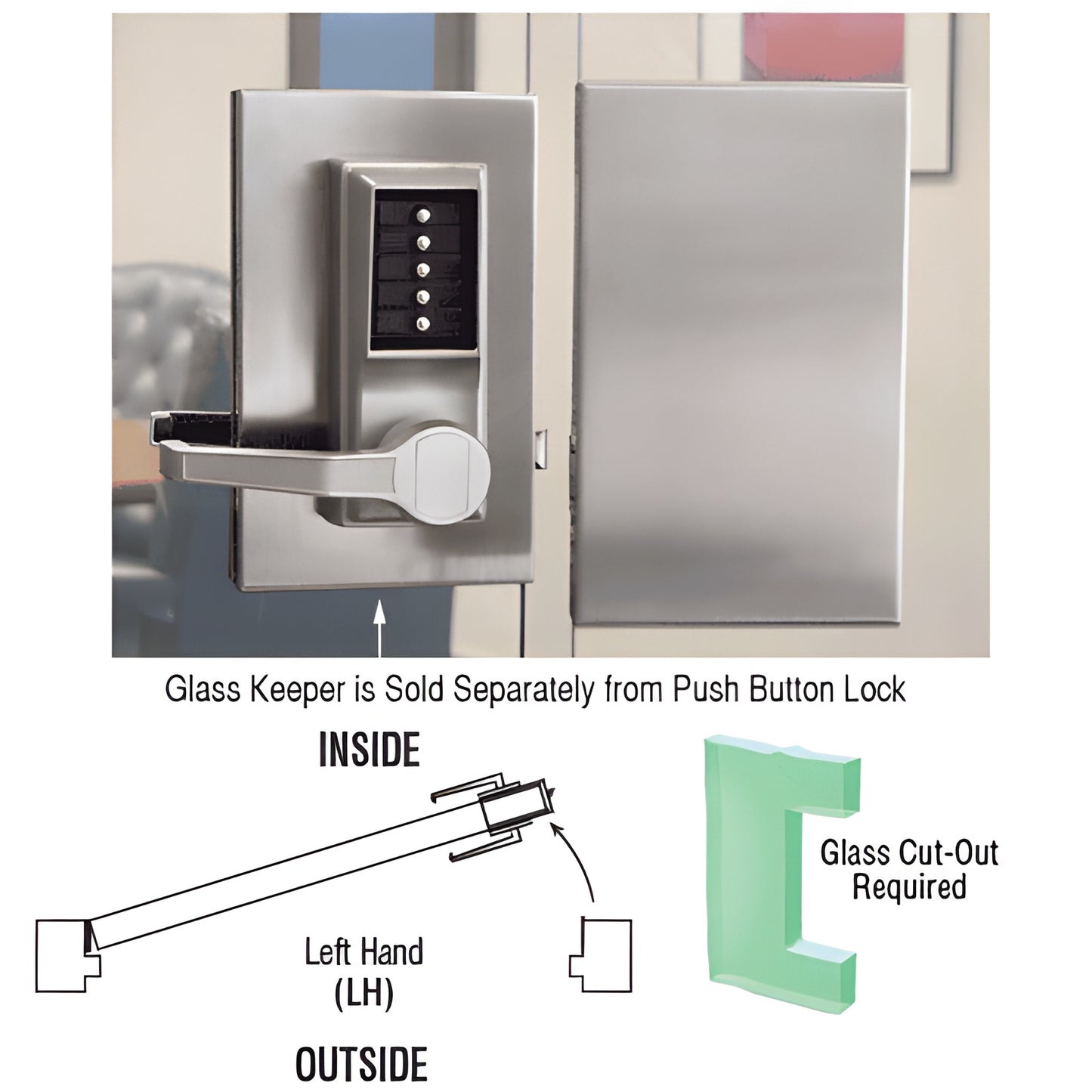 DL610LCBS brushed stainless steel mechanical push-button glass door lock with five-button keypad and left-hand lever.