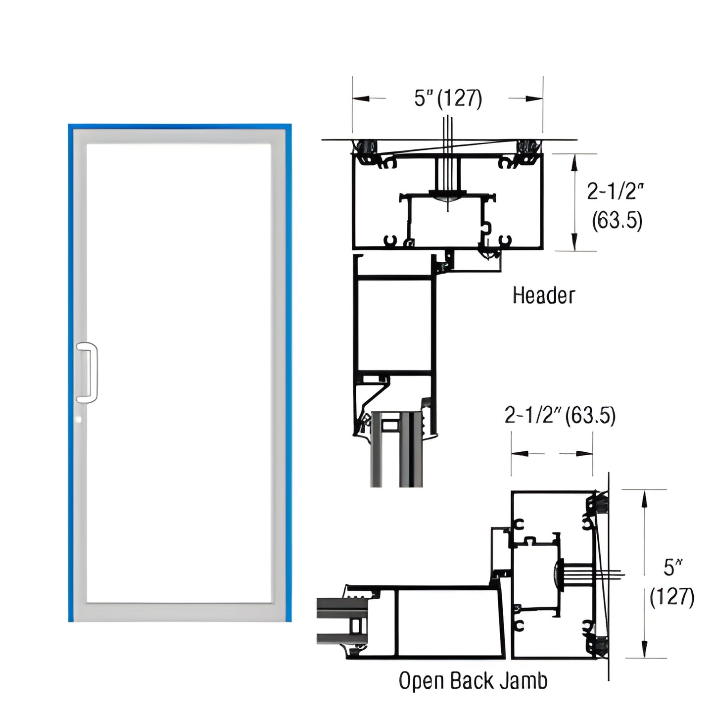 Hurricane-impact single butt-hinged door frame (SKU 0F71571) front view and technical cross-section diagram, custom Kynar fin
