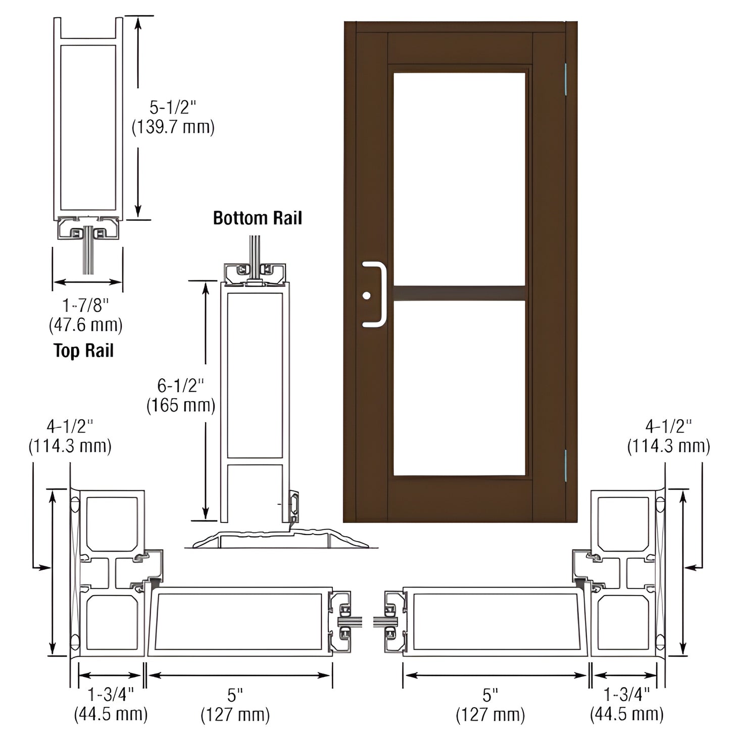 Durafront WS commercial entrance door (SKU DZ91522) black bronze anodized, 2-panel glass, 6.5" bottom rail.