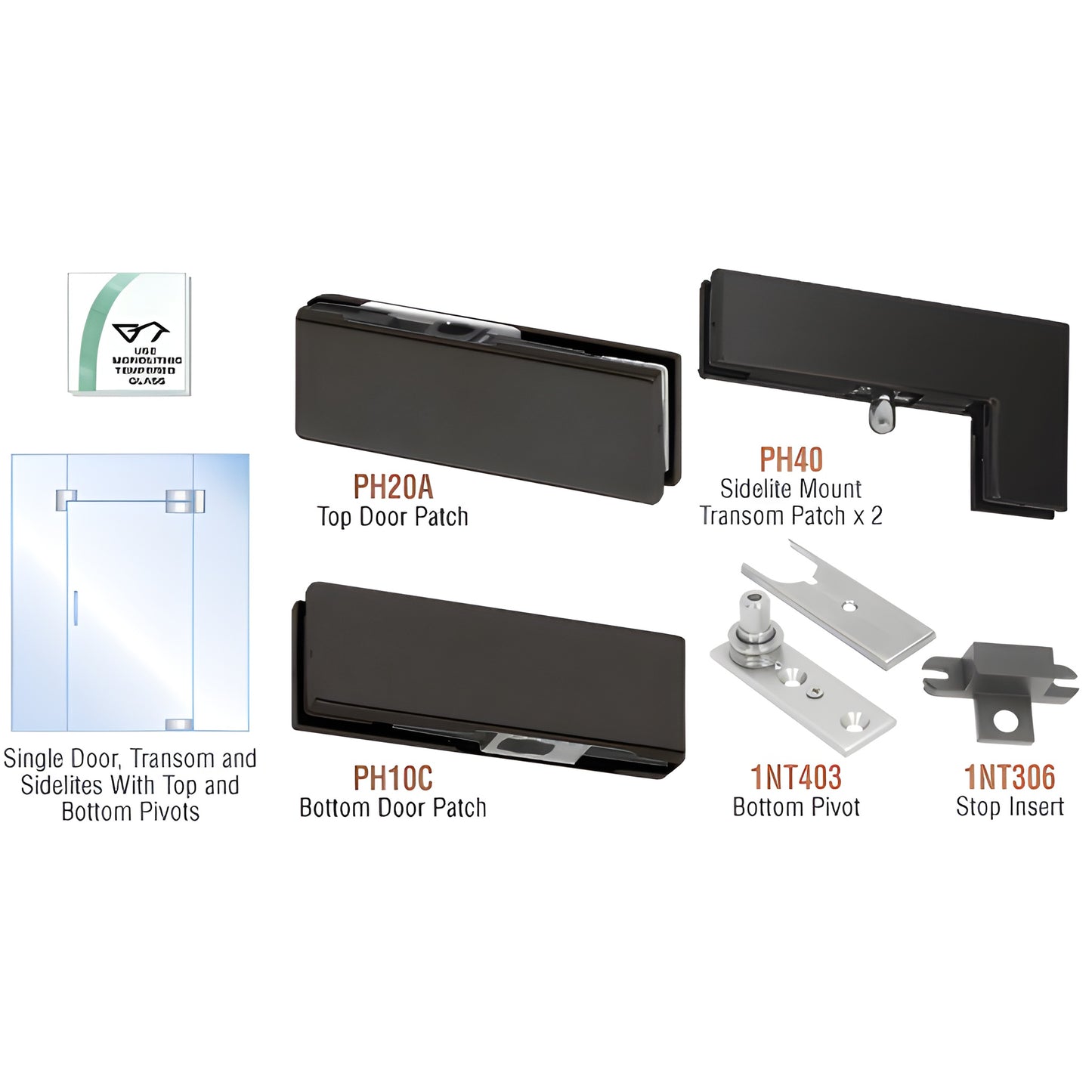 PHA5MBL matte black pivot hardware kit for frameless glass door with transom and sidelites (top/bottom patches, pivot)