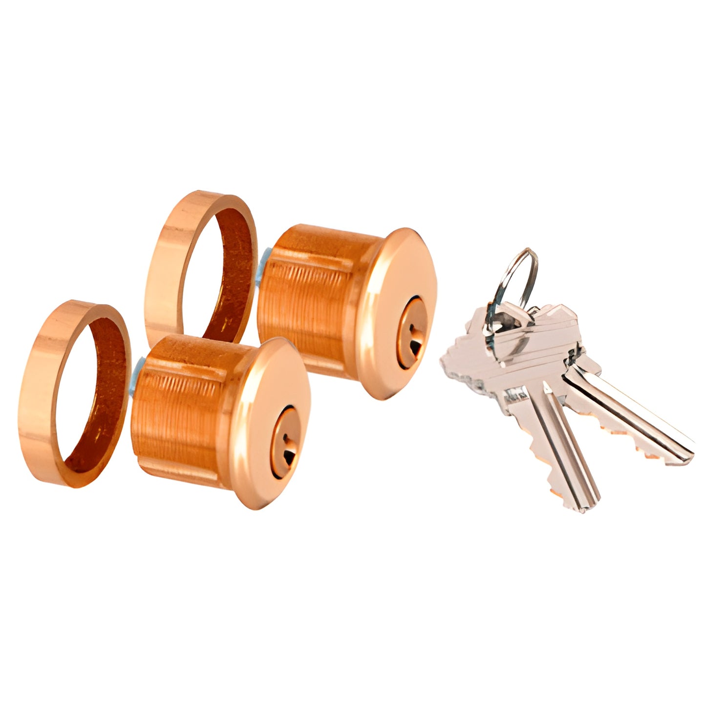 AMR215CCBR polished brass patch lock cylinders and mounting rings with two keys