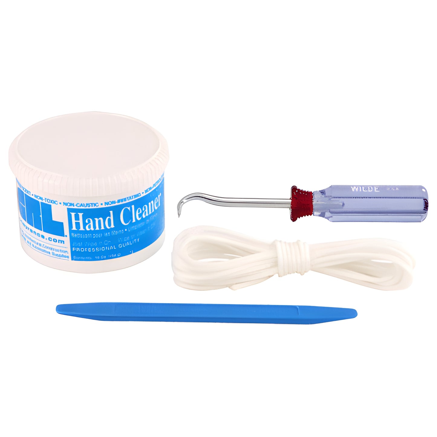 CRL DV1K rear slider kit: hand-cleaner tub, hooked metal tool, coiled white nylon rope and blue plastic installation stick