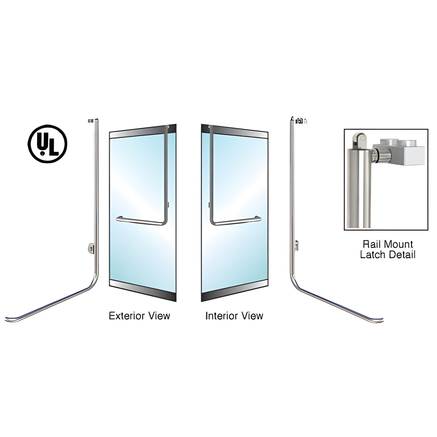 PA100D4LKBS brushed stainless steel low-profile 1-1/4" tubular panic handle for tempered glass doors, rail-mount, left-hand r