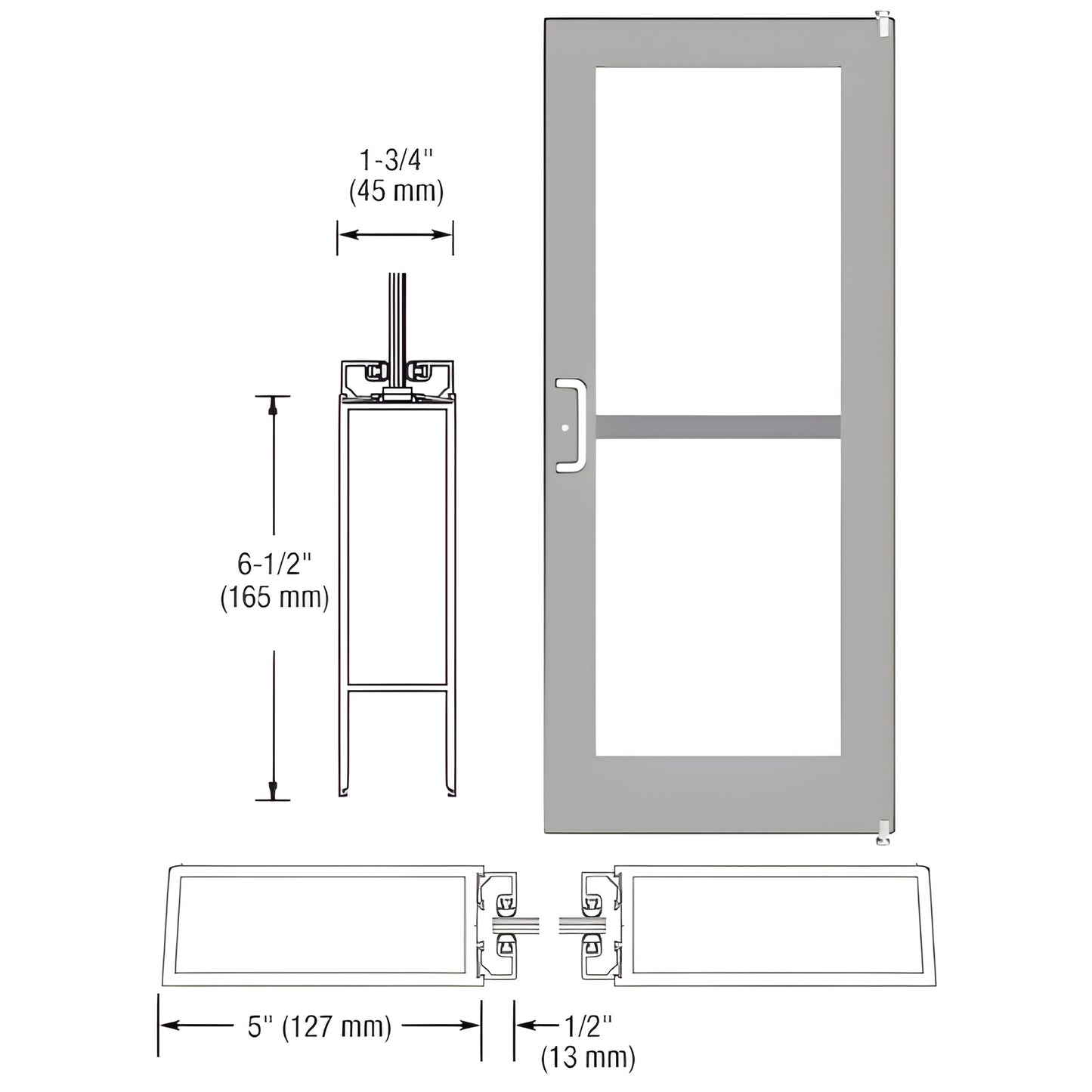 DZ51211 clear anodized commercial wide-stile entrance door with 1/4" glass, 5" stiles and 6-1/2" bottom rail; hardware boxed