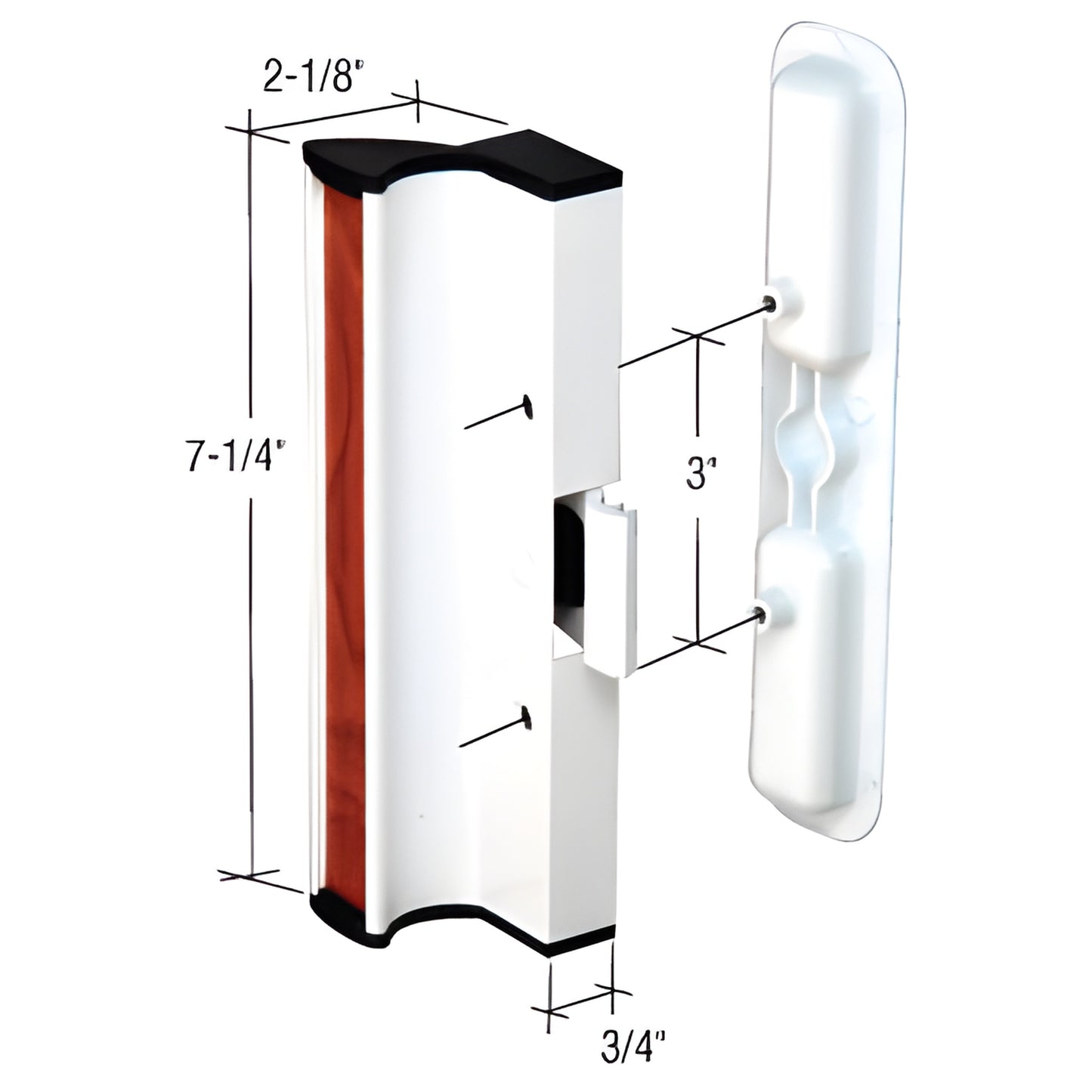White aluminum CRL C1202 handle set for 950 Series dual glazed doors, 7-1/4" x 3/4" with 2-1/8" projection.