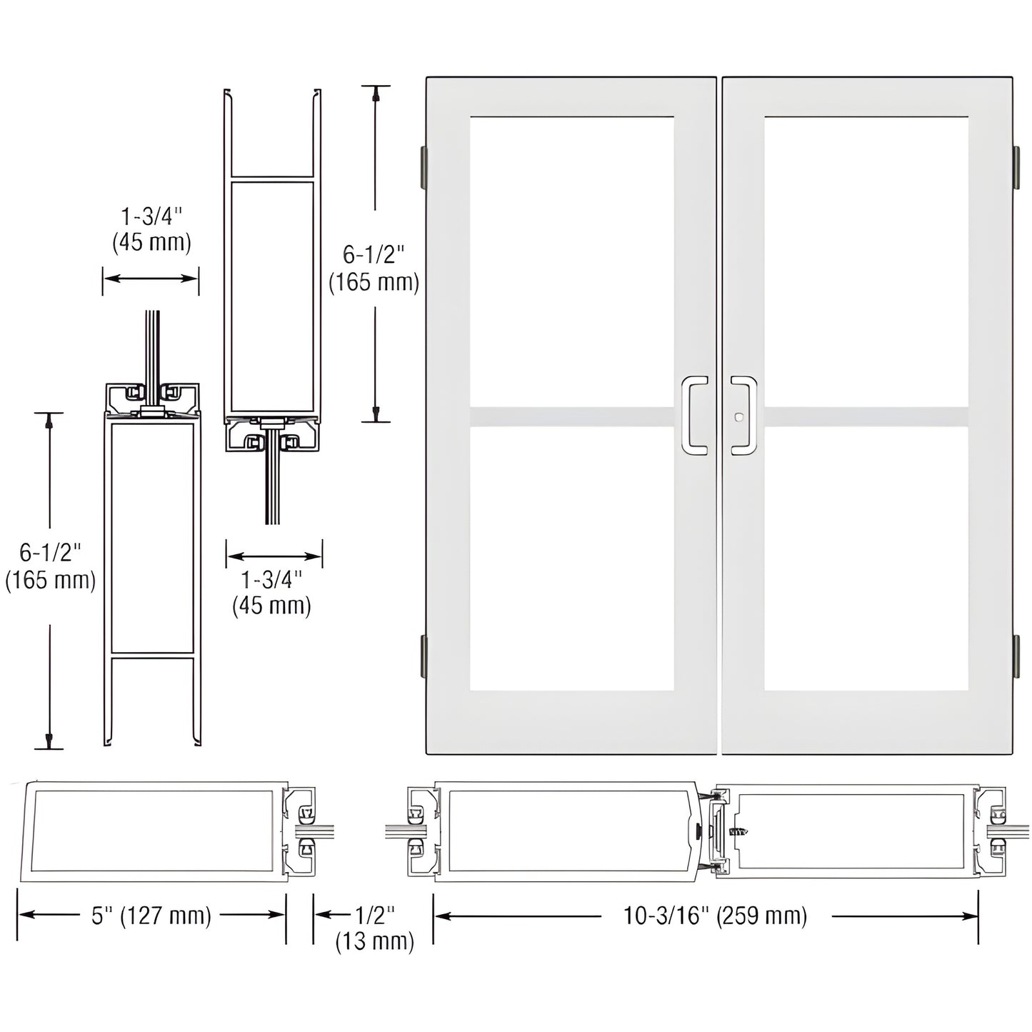 White Kynar custom wide-stile double entrance door (SKU DZ52452) with large glass panels and commercial hardware.