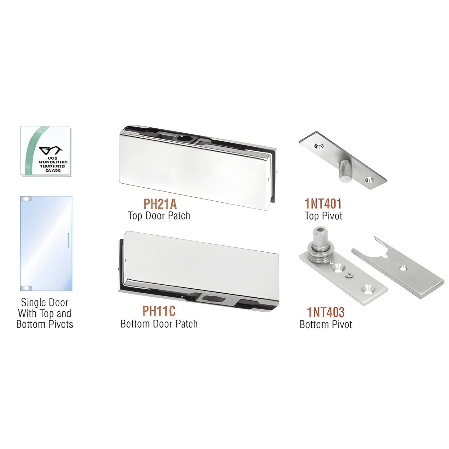 PHE1A satin anodized European patch door kit - top/bottom patches (PH21A/PH11C) and pivots (1NT401/1NT403) for 3/8-1/2" glass