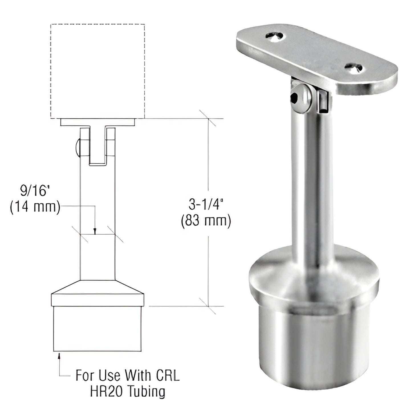 CRL HR20ASBS stainless steel adjustable saddle handrail support for square rails, 3-1/4 in centerline, includes screws.