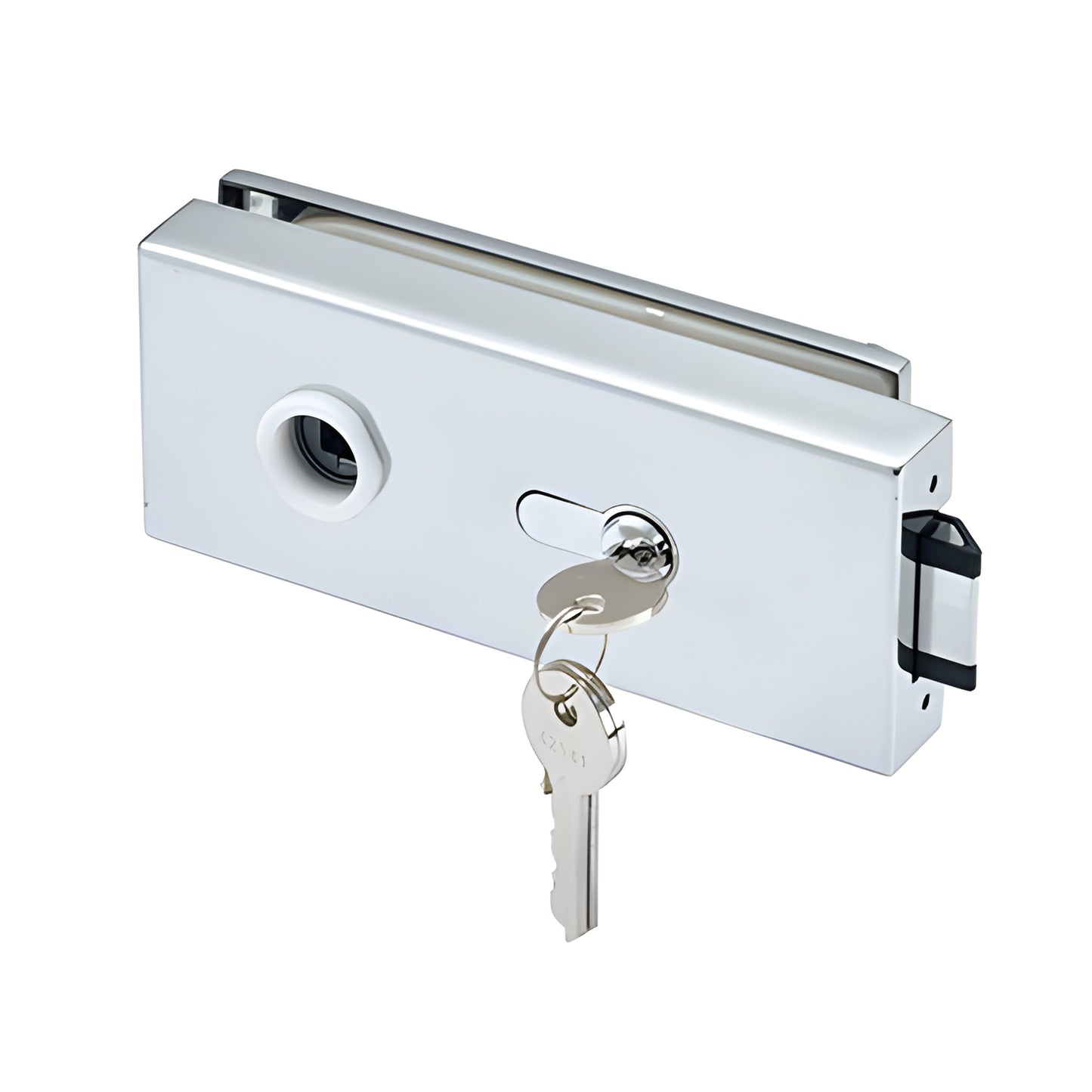 Satin anodized glass-mounted latch (SKU PTH313A) for 3/8"-1/2" tempered glass doors, recessed catch, includes keys.