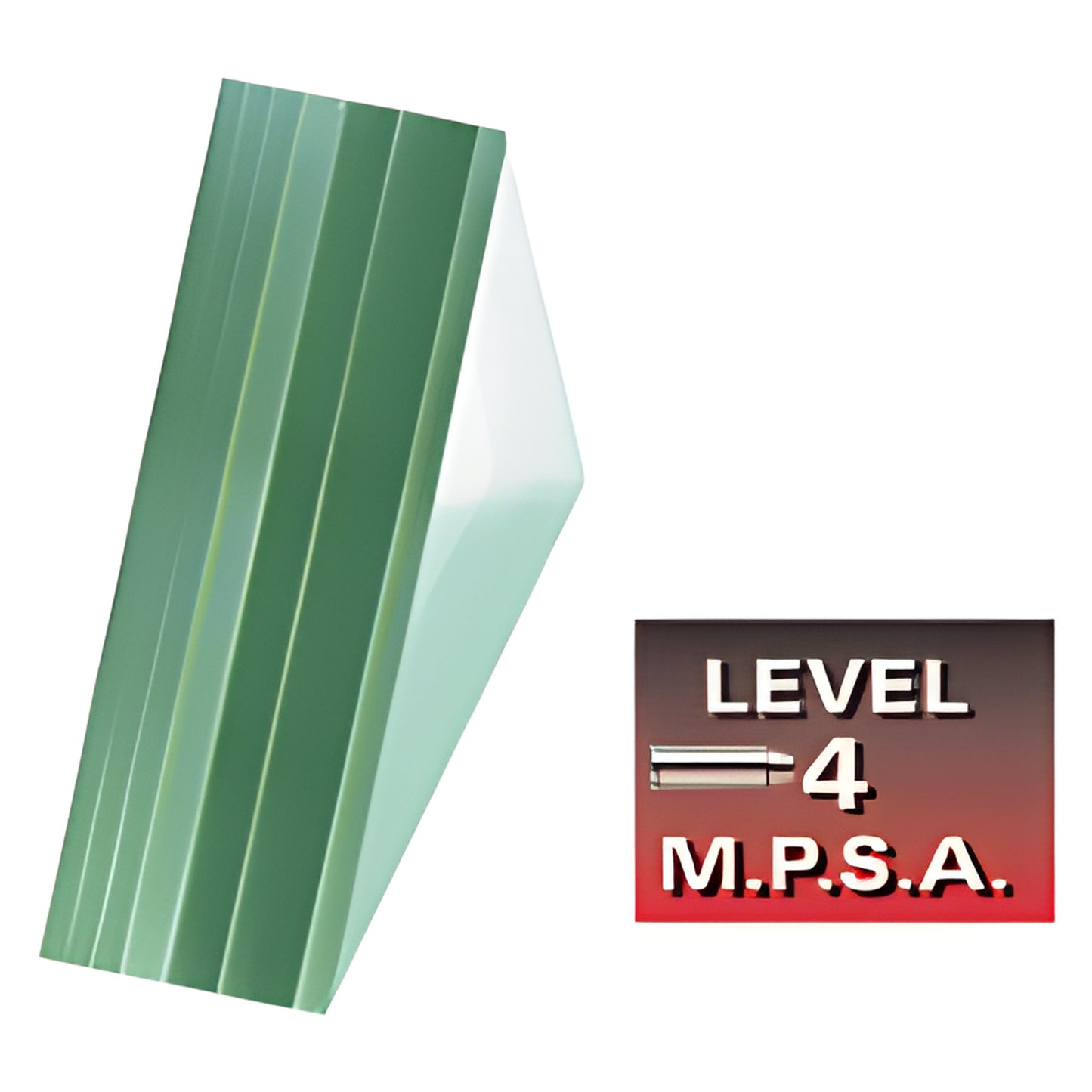 BRGLASS4 2-1/8" clear bullet resistant glass panel with green interlayers, M.P.S.A. Protection Level 4 badge.