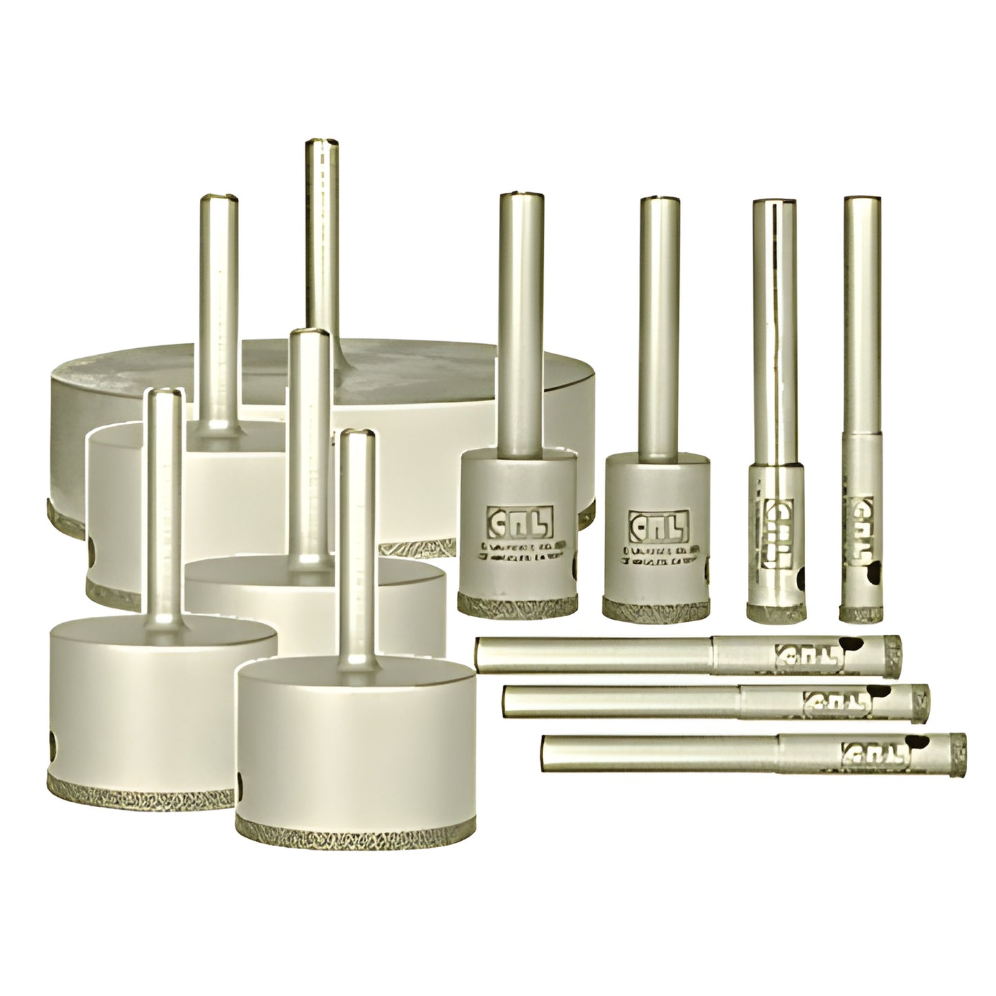 DDK12 diamond glass drill bit set with smooth continuous rims, assorted sizes, 3/8" round shanks.