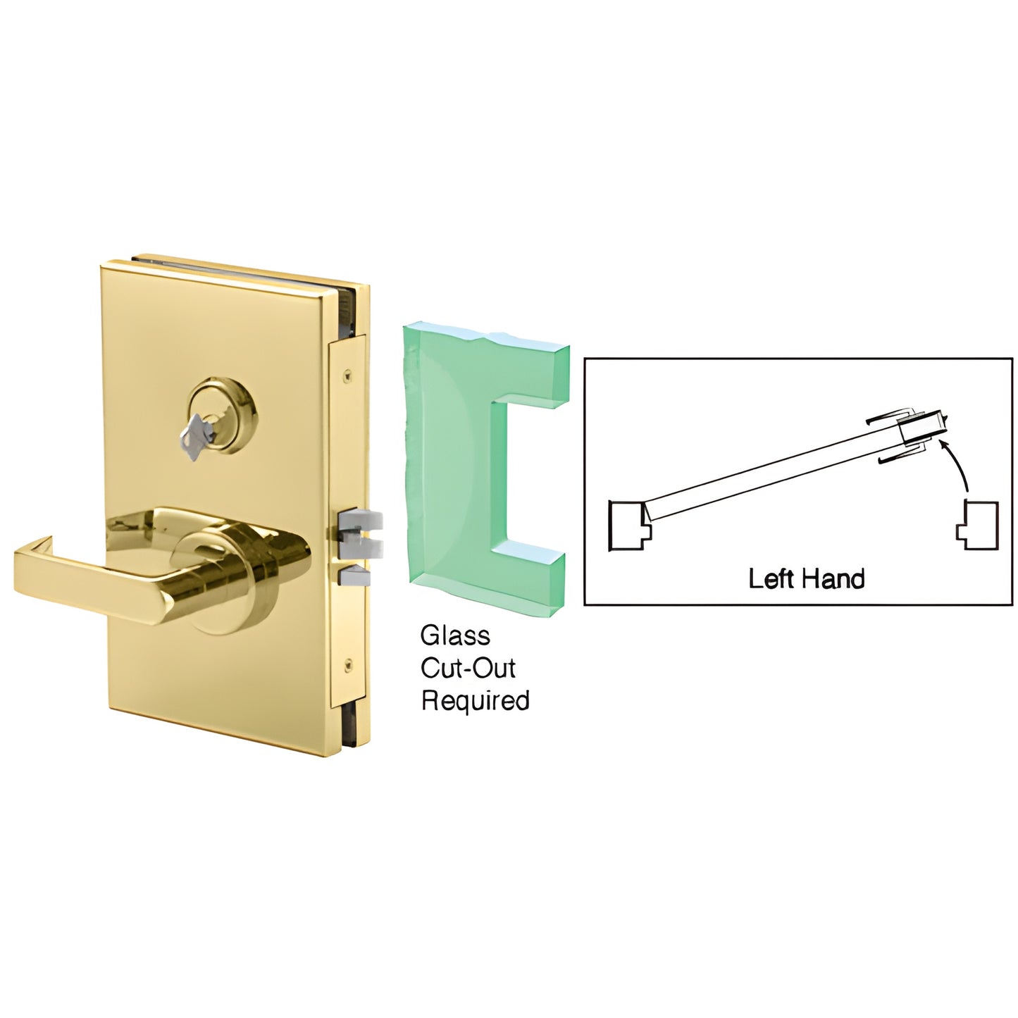 Polished brass CRL DL610LMPB center lock for 1/2 in (12 mm) tempered glass doors, left-hand, 6x10 deadlatch lever