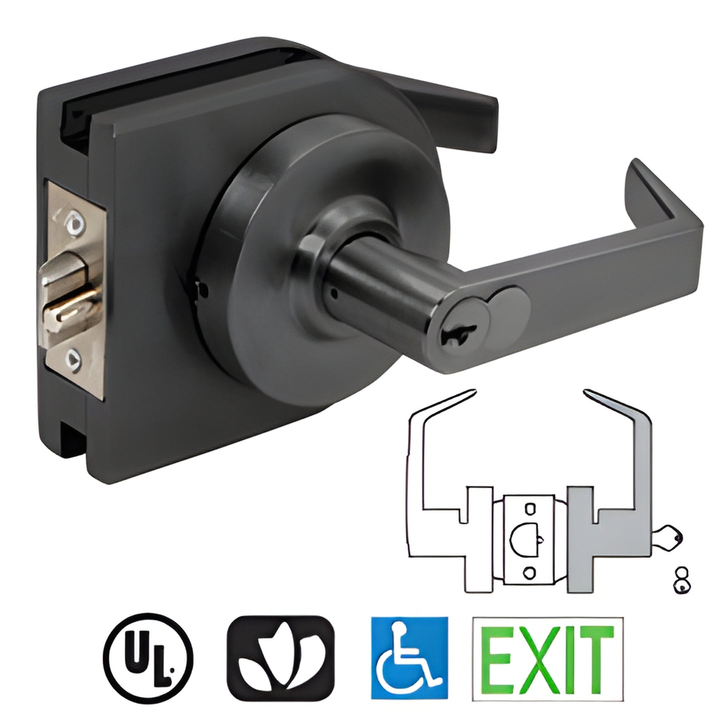 Matte black low-profile lever lock housing (SKU LH72MBL) for 3/8" or 1/2" glass doors, reversible, includes lever.
