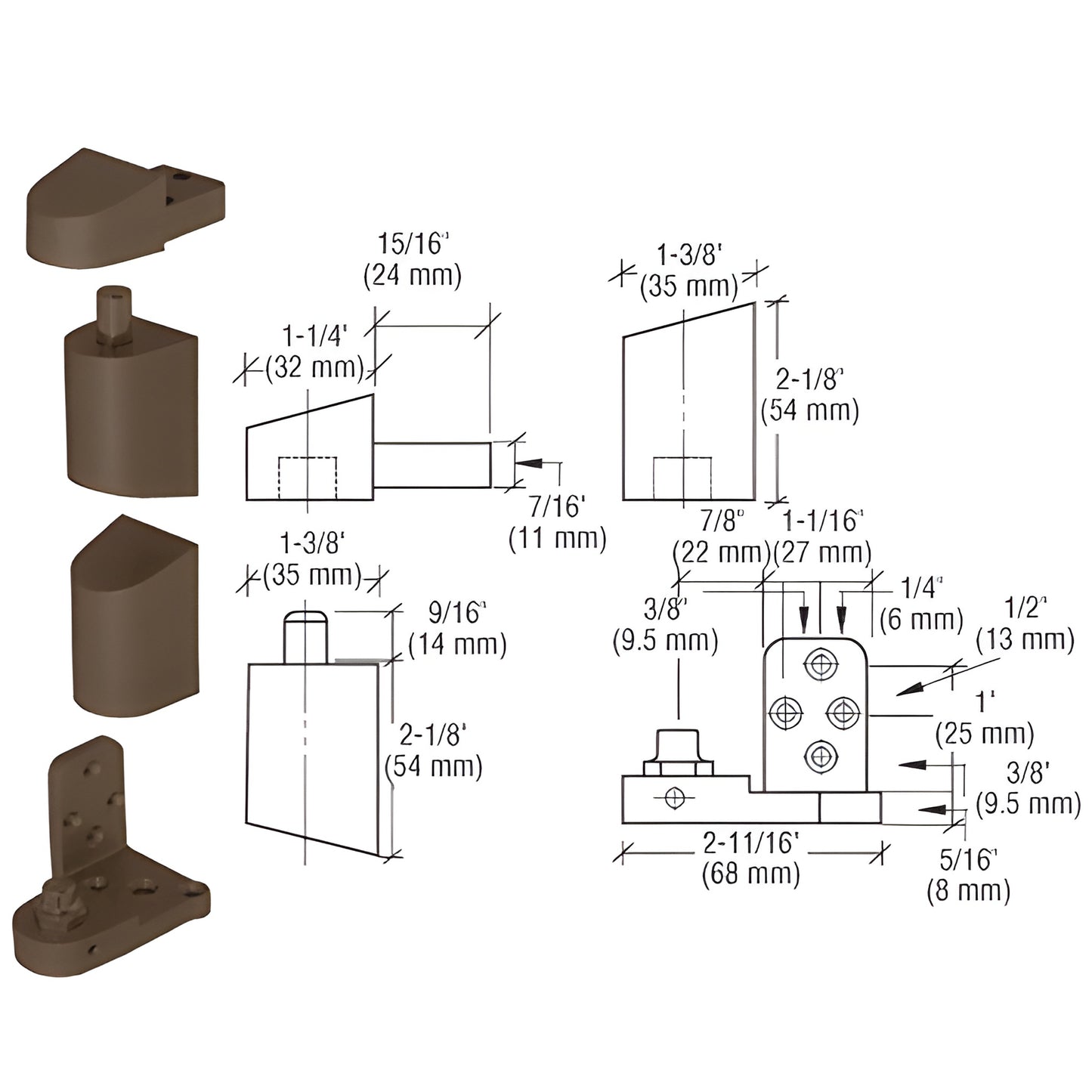 CRL OP41 offset pivot set, dark bronze aluminum for storefront doors - adjustable 1/8", diagramed (SKU 0P41RHDU)