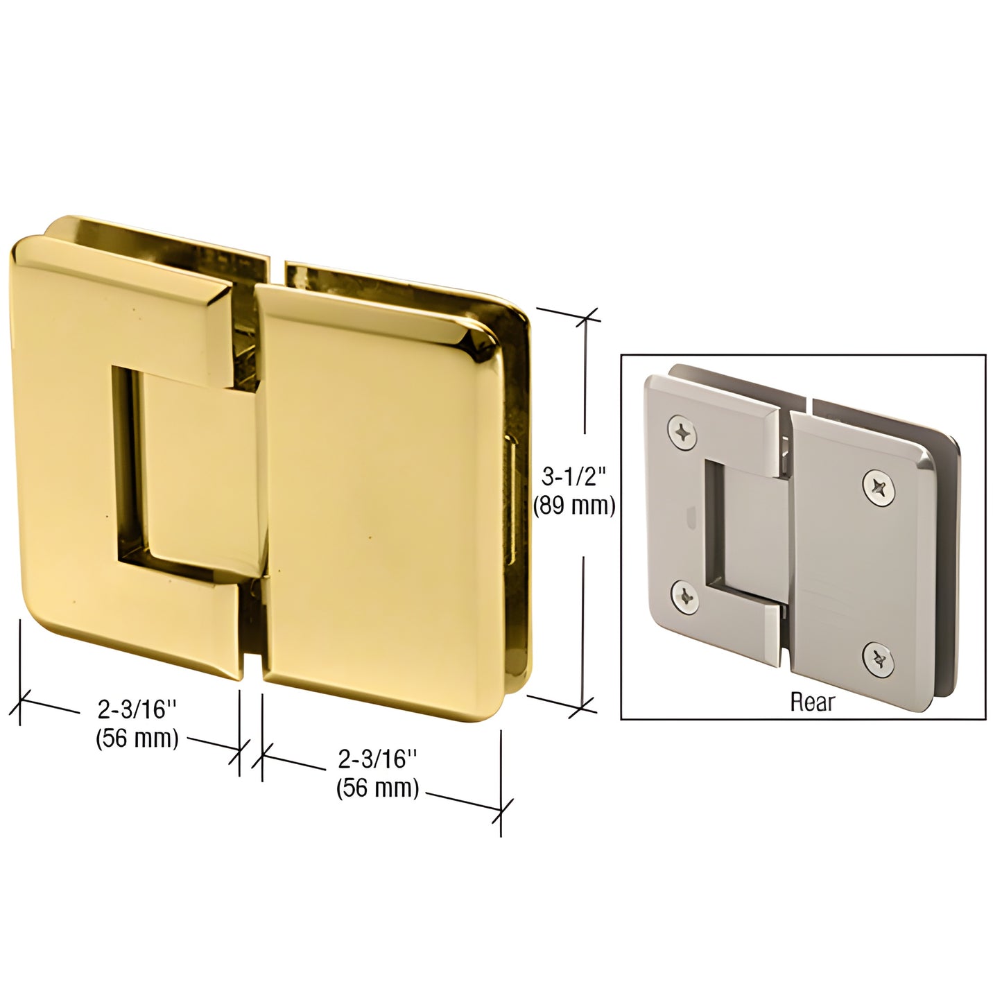 P1N180BR polished brass 180 glass-to-glass self-centering shower hinge, 3-1/2" H, beveled edges