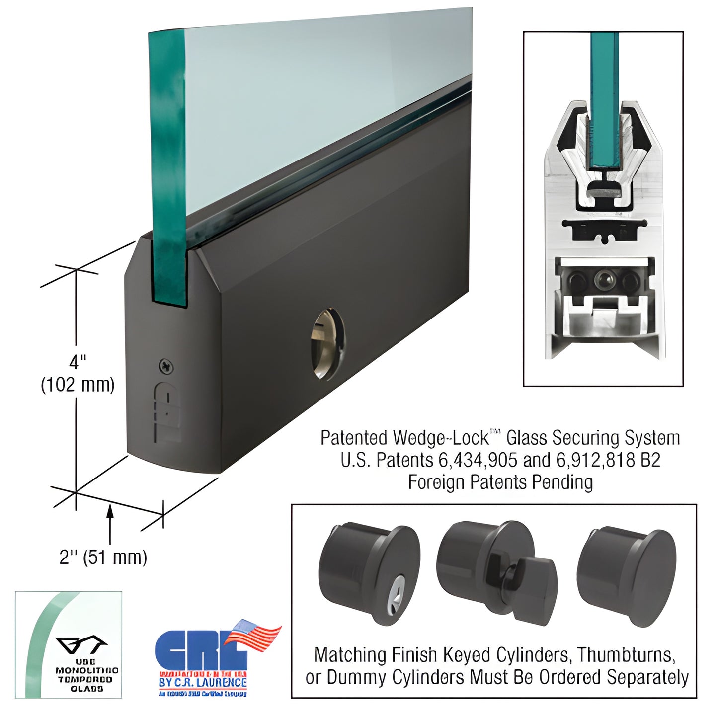 CRL DR4TDU12CL 4" black bronze tapered door rail for 1/2" glass with Wedge-Lock securing system, includes lock
