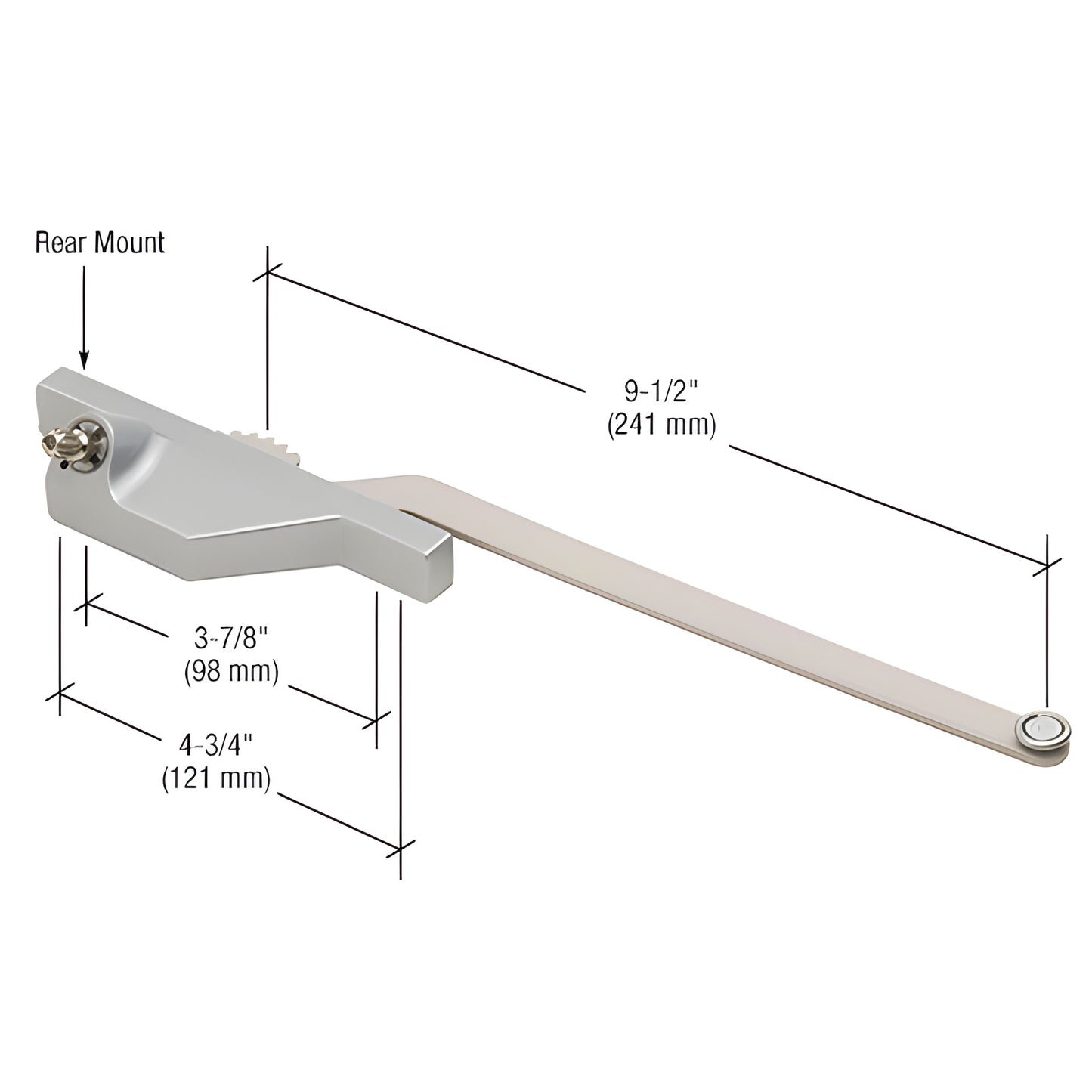 CRL WH30011L clear anodized single-arm roto operator for 90 casement windows, 9-1/2" arm, dimensions shown