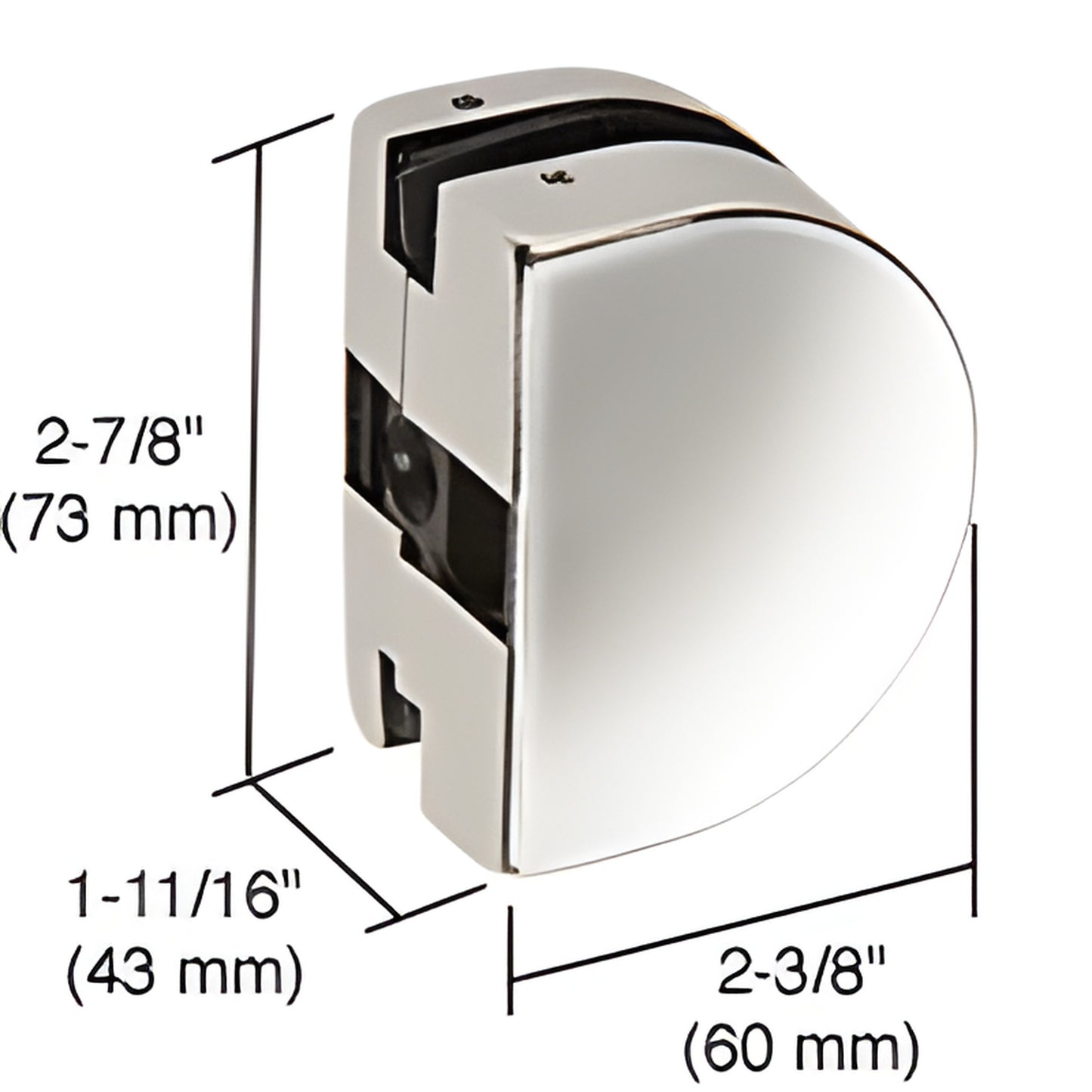 PTH26PS polished stainless steel patch lock keeper for 3/8" or 1/2" glass, compact glass-mounted keeper with dimensions shown