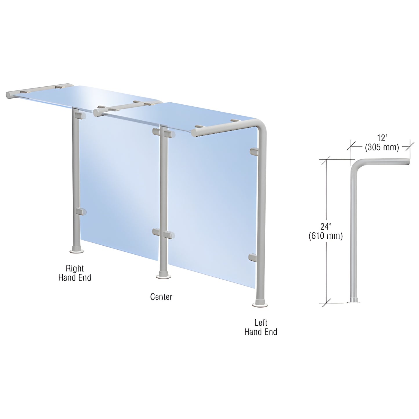 SGS30CBS slimline brushed stainless sneeze guard, 24 in posts, 12 in shelf support, 1 in round tubing, fits 6-10mm glass