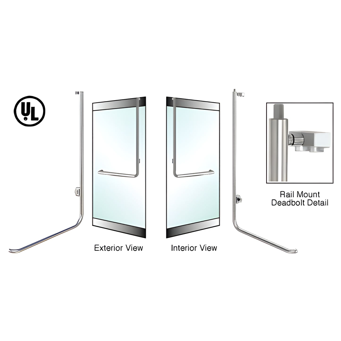 Brushed stainless steel rail-mount deadbolt access handle for 3/4" glass doors, left-hand reverse, 1 1/4" dia (SKU 3D100D4R1B