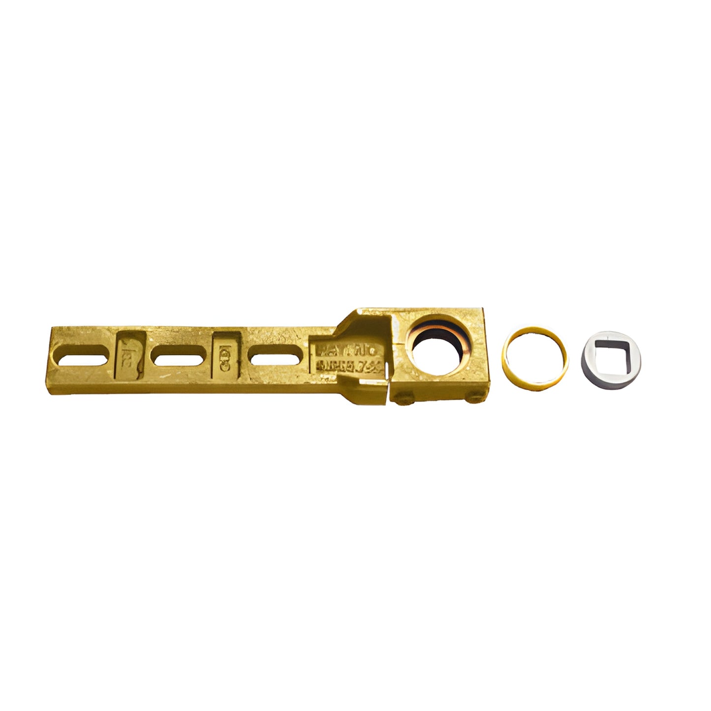 Right-hand free-swing spindle adapter (gold/brass) with bronze bushing, retaining ring and square spindle insert.