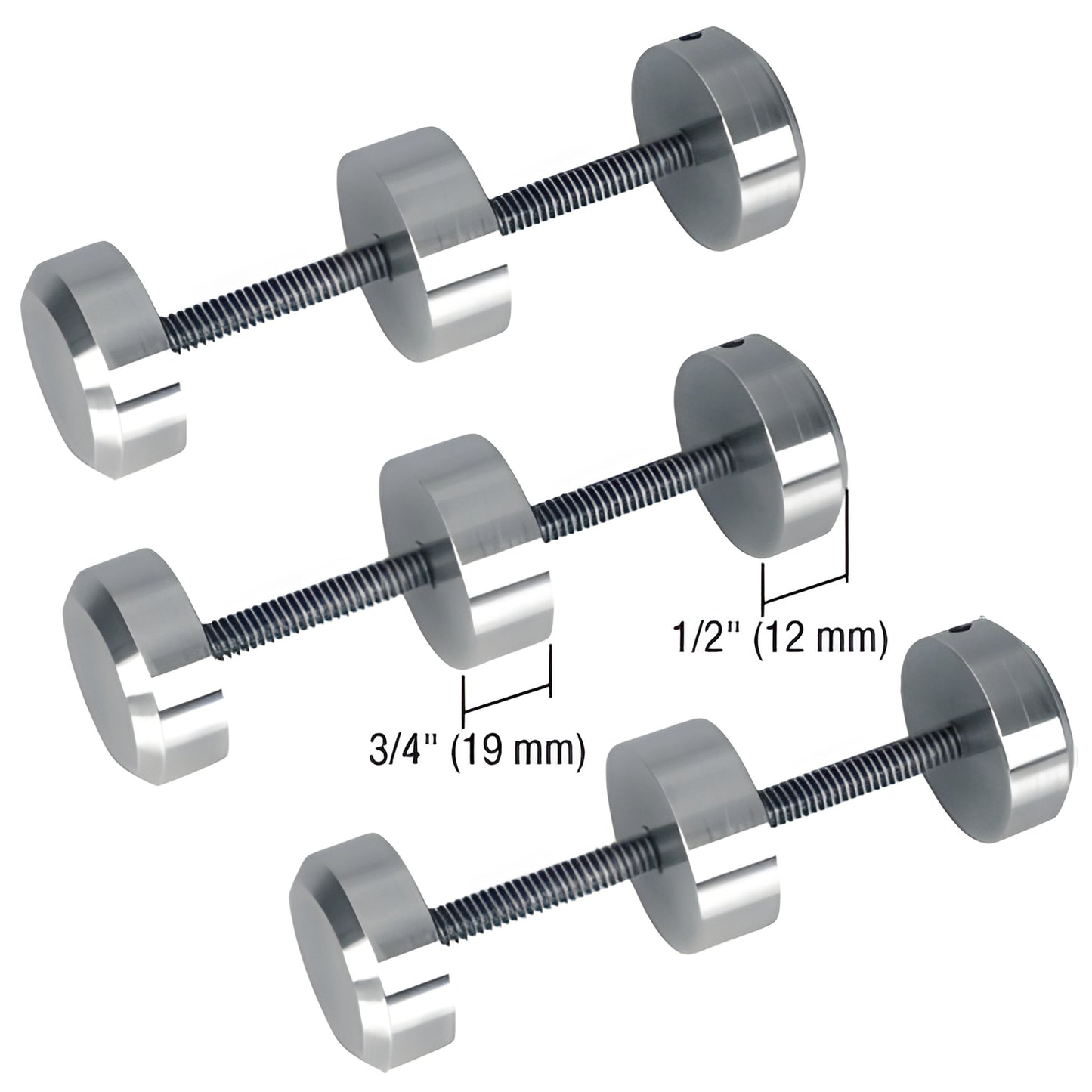CDS3S brushed stainless steel 3 pack round surround sound spacers with threaded studs for security barriers