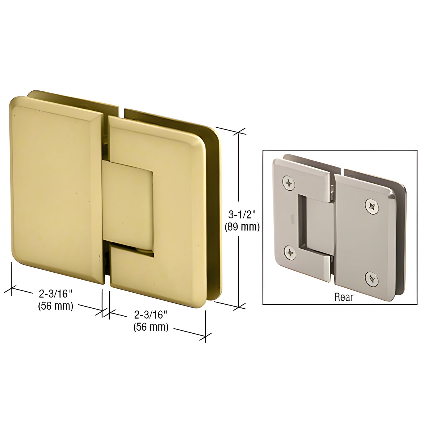 P1N180SB Pinnacle satin brass glass-to-glass hinge, beveled square design, 3-1/2" height for 8-12mm glass