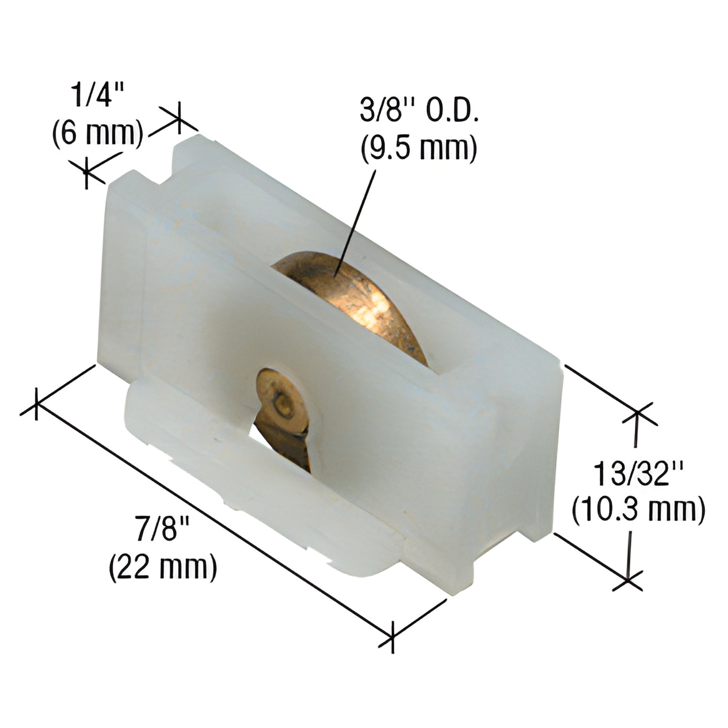 CRL window roller G3122 - nylon housing with 3/8" brass flat roller, fits Better-Bilt/Elco aluminum sliding windows.