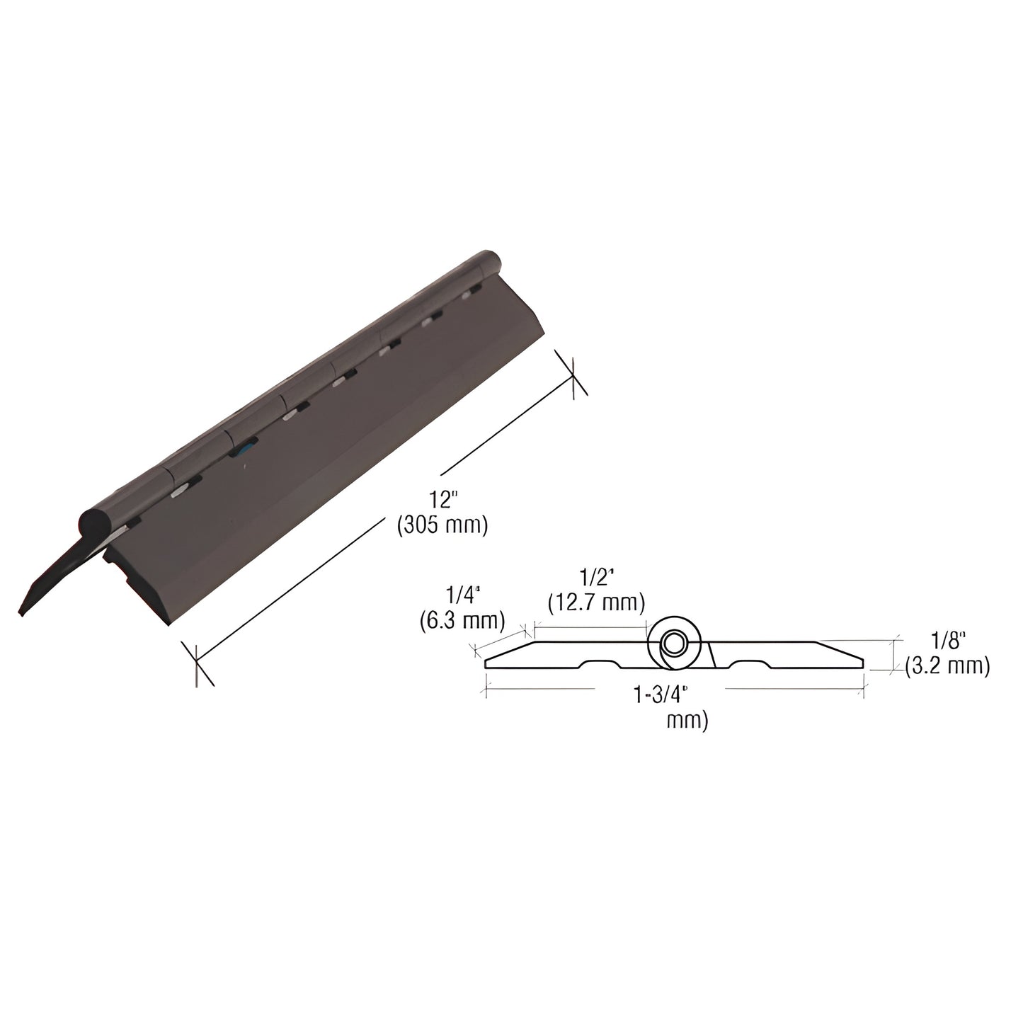 Black 12 in acrylic adhesive-mounted continuous hinge SKU 12AHBL for display and cabinet doors.